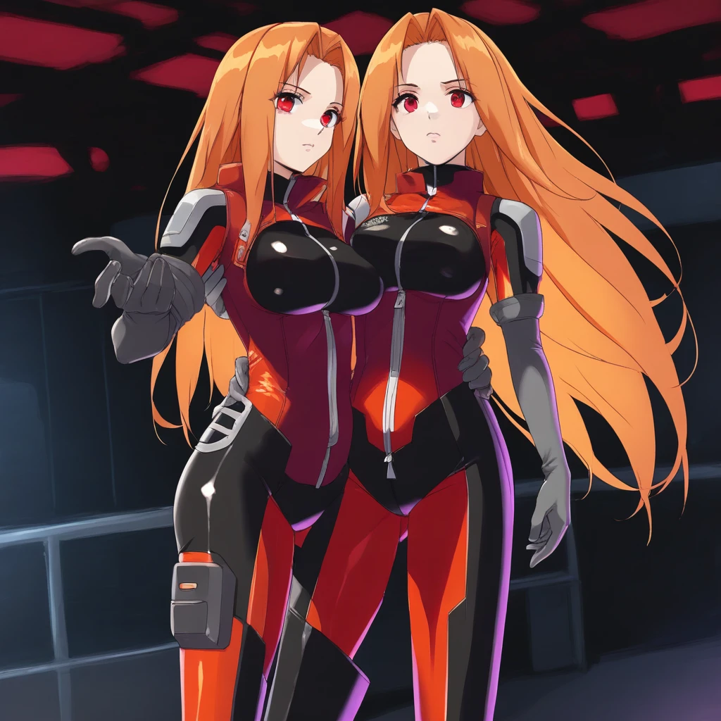 1girl, red eyes, orange hair, long hair, bodysuit, zipper, gloves,