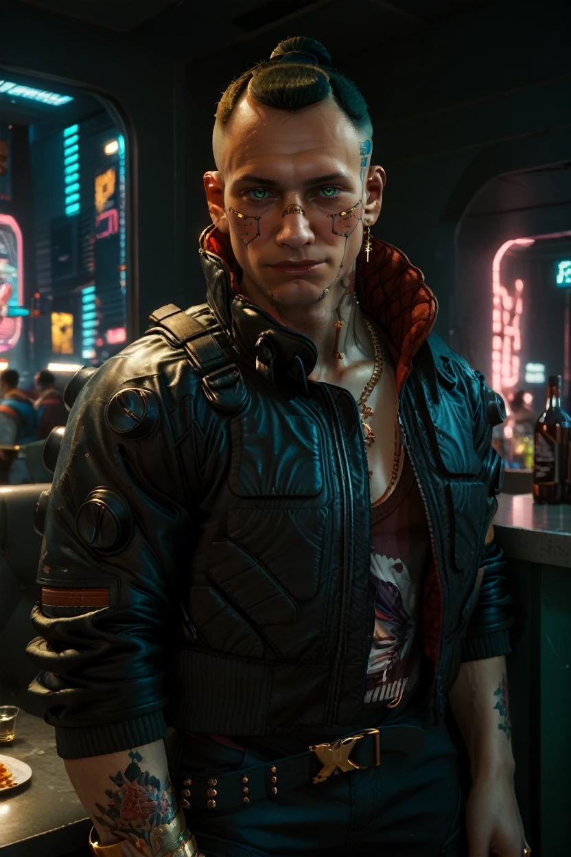 score_9, score_8_up, score_7_up, score_6_up
<lora:CyberJackie:1.0>
CyberJackie, 1boy, black hair, undercut, green eyes, muscular, tattoos, cyberpunk, looking at viewer, at an old-fashioned diner, leaning against the counter, wearing a leather jacket, neon lights reflecting on his face, retro vibe, cool and confident expression