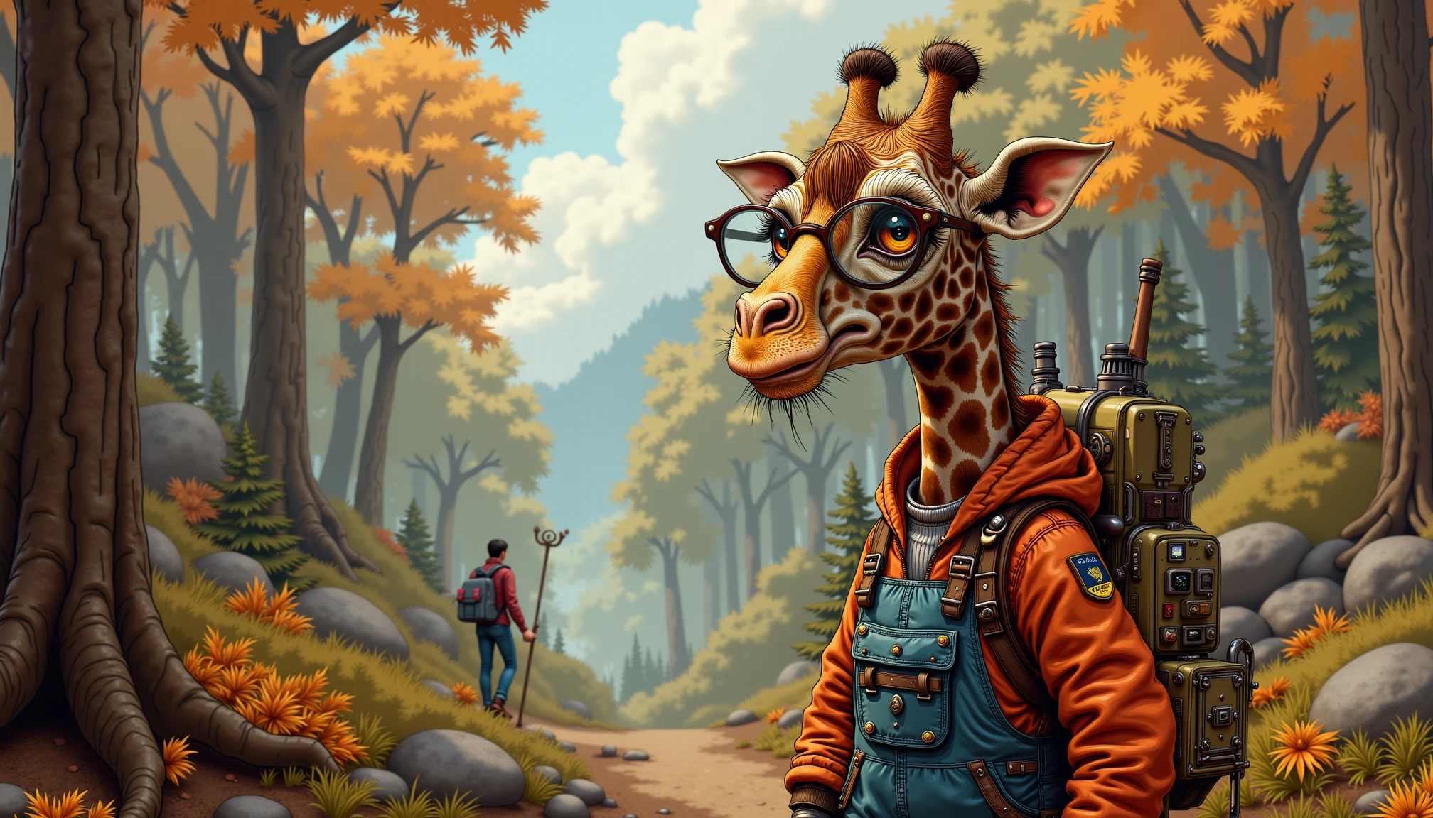 mecanical steampunk illustration, screengrab from 1980s fantasy film. anthropomorphic giraffe on a hike in the woods. It is wearing bottlecap glasses, a puffy coat, blue overalls, with a back pack.