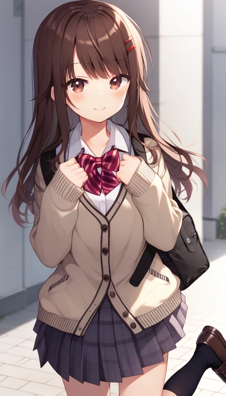 score_9,score_8_up,score_7_up,score_6_up BREAK official art,solo,outdoors,cowboy shot,looking at viewer,facing viewer,smile,blush,(petite:1.3),MaoChan,long hair,brown hair,hair ornament,hairclip,sidelocks,bangs,brown eyes,school uniform,cardigan,red bowtie,striped bowtie,white shirt,collared shirt,long sleeves,sleeves past wrists,grey skirt,pleated skirt,plaid skirt,black socks,loafers,<lora:MaoChan(uramakaron)-Pony:1.5>,