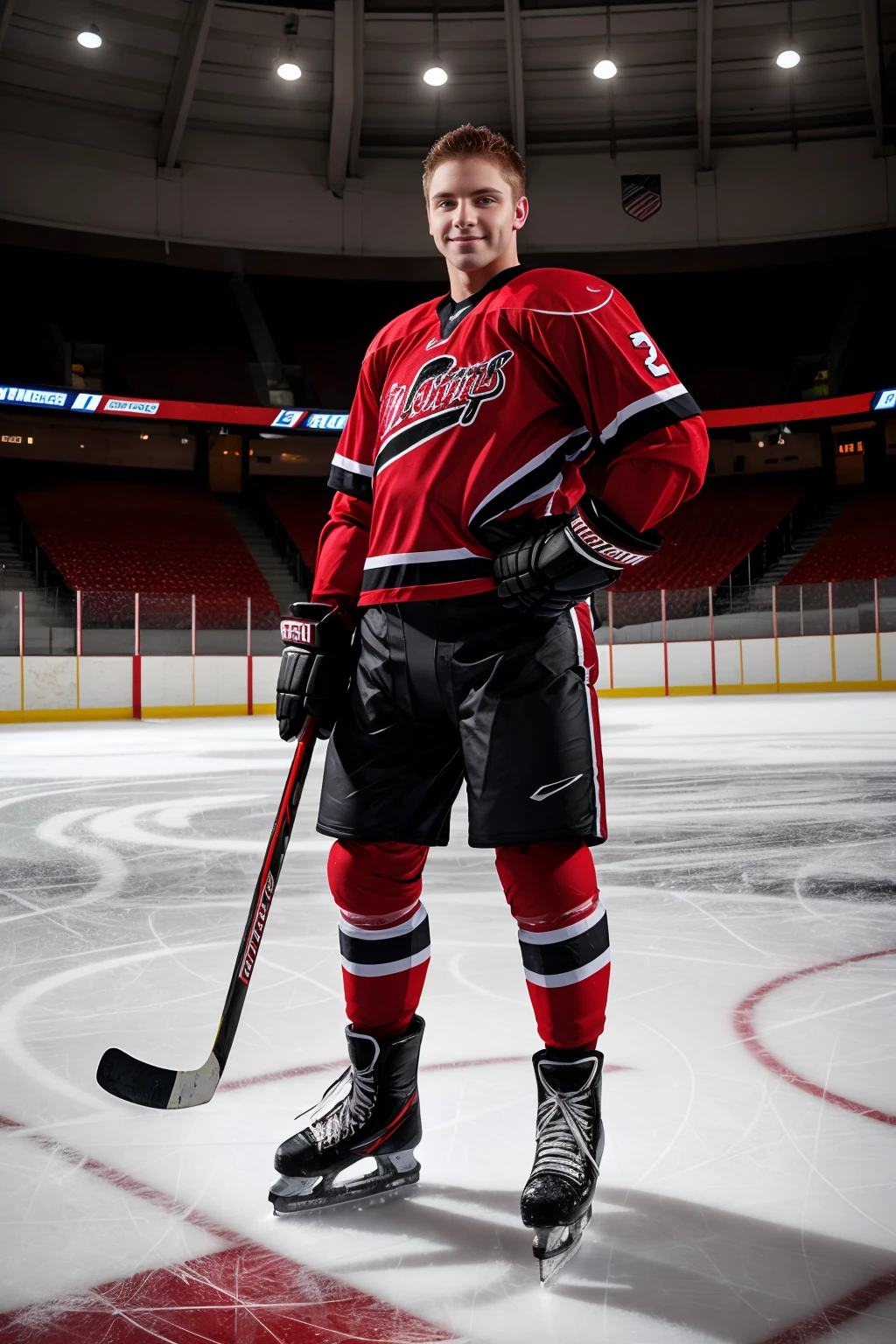 arena, hockey rink, standing, JakeWilder wearing hockey shoulder pads, red and black hockey uniform, gloves, holding hockey stick, smirking, (((full body portrait))), wide angle  <lora:JakeWilder:0.8>