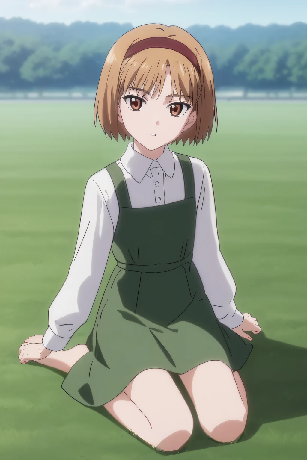 score_9, score_8_up, score_7_up, source_anime, rating_safe, intricate details, anime screencap, official style, 1girl, solo, <lora:Henrietta:1>, henrietta, light brown hair, brown eyes, bob cut, brown hairband, white shirt, flat chest, green dress, long sleeves, looking at viewer, outdoor, expressionless, full body, sitting on grass, barefeet, parted lips