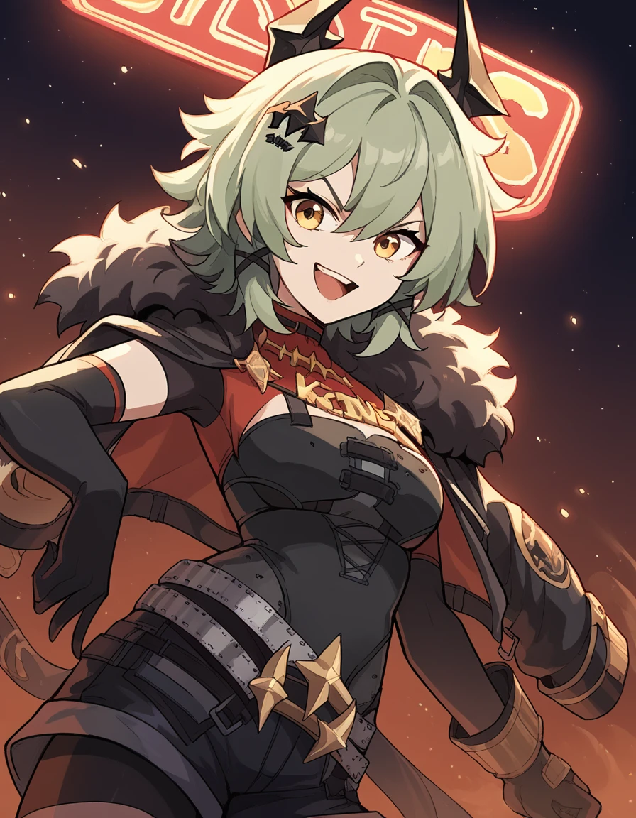 score_9, score_8_up, score_7_up, source_anime, <lora:caesar-king-ponyxl-lora-nochekaiser:1>, caesar king, green hair, short hair, hair between eyes, sidelocks , yellow eyes, confident, hair intakes, v-shaped eyebrows, happy, black gloves, black shorts, black shirt, black thighhighs, gloves, black skirt, grey belt, fur-trimmed jacket, elbow gloves, fur trim, hair ornament, open jacket, emblem, black horns, , biker hideout, dusty bar, neon signs flickering, cowboy shot, dutch angle, arm out, knee up, hand open