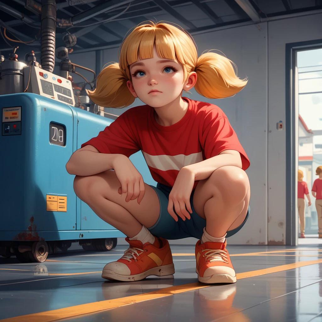 score_9, score_8, score_7, score_6, 1girl, pe_nny, twin tails, red shirt with a white stripe, crouching on the floor, in a factory, Blond hair