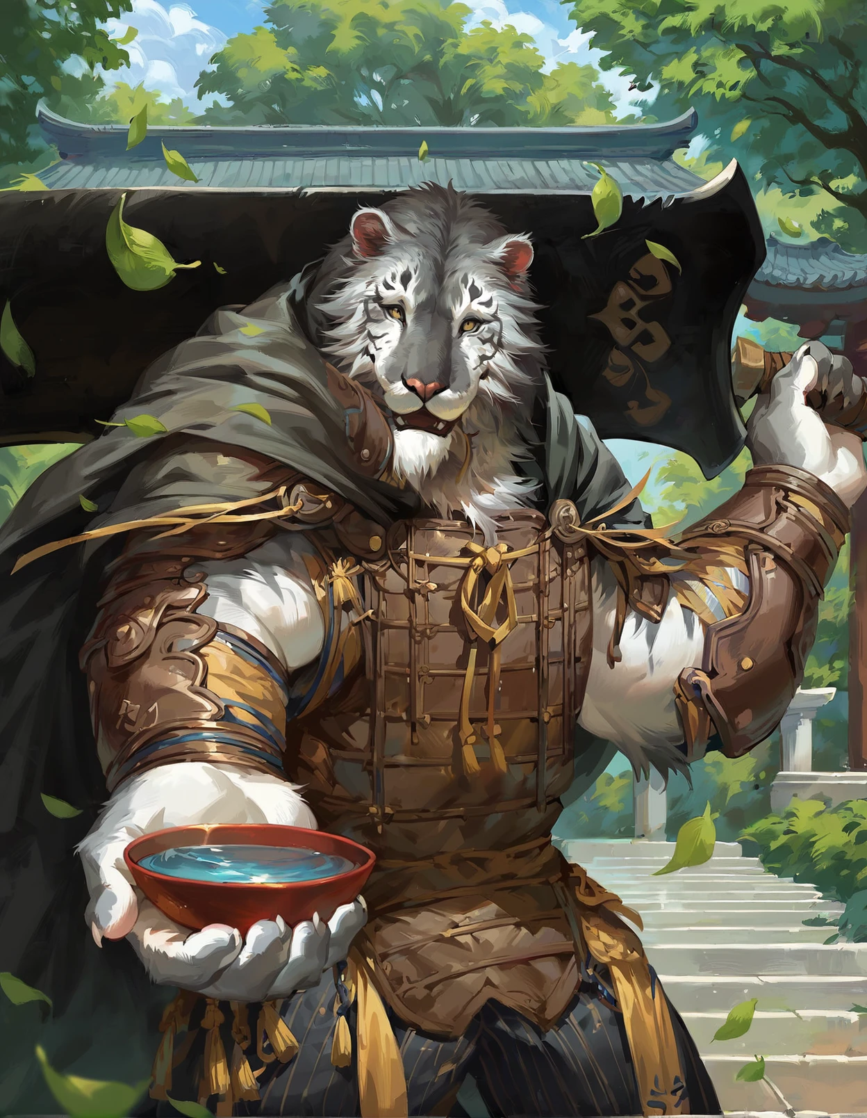 score_9, score_8_up, yinhu, tiger, anthro, solo, male, mane hair, beard, open smile, laugh, black cape, armor, vambrace, yellow eyes, holding bowl, water bowl, tree, east asian building, holding broadsword, pattern pants, offering to viewer, foreshortening, falling leaves,
<lora:BlackMythYinHu_1.0.18:1>