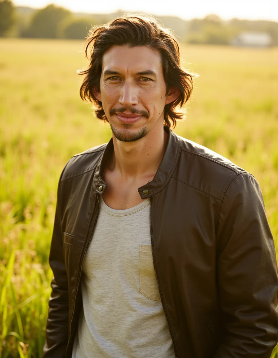 <lora:AdamDriver_FLUX:1> Adam Driver stands in a sunlit meadow, his rugged features softened by a warm, genuine smile. His olive-toned skin glows in the natural sunlight, casting soft shadows that highlight his expressive eyes. He wears a simple, worn leather jacket over a faded white t-shirt, exuding a casual, rugged charm. The background is a lush, vibrant meadow with tall grass swaying gently in the breeze, bathed in the golden light of late afternoon. The lighting is soft and diffused, creating a warm, inviting atmosphere with a subtle film grain that adds a nostalgic, cinematic feel, reminiscent of the visual style of Terrence Malick.