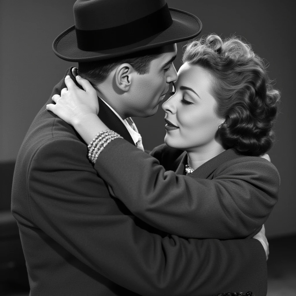 UHD, 4k, ultra detailed, cinematic, a photograph of  <lora:1940 style v1:0.9>
In the 1940's a man and woman are kissing in a black and white photo,1girl,long hair,1boy,hat,monochrome,closed eyes,greyscale,uniform,military,hug,military uniform,realistic,manly  ,realistic,realism,perfection,perfect,filmic,retro,vintage,classic,different haircut,different look,different style,1940's style , 1940 style, epic, beautiful lighting, inpsiring