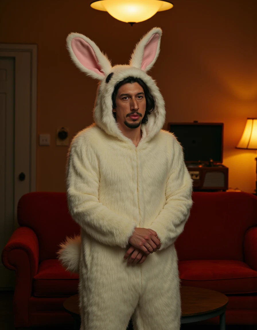 <lora:AdamDriver_FLUX:1> Adam Driver, with his rugged yet tender expression, stands in a detailed bunny cosplay costume, featuring white fur, oversized ears, and a fluffy tail. Set in a dimly lit, vintage room with a soft, warm amber glow from a single overhead lamp, the scene captures a tender moment. The background includes a plush, red velvet couch and a vintage record player, adding to the nostalgic atmosphere. The lighting is soft and diffused, casting gentle shadows and enhancing the texture of the fur. The film grain is subtle, with a warm, sepia-toned color grading that evokes a classic, romantic feel, reminiscent of a Wes Anderson film.