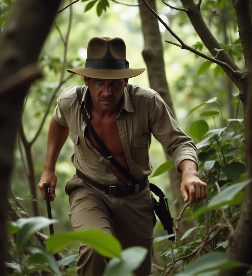 80mm lens. F2.8. . photography. f/2.8 , bokeh, outdoor,, <lora:indiana-jones-flux-a4nh8:1.2> a4nh8, escapes the jungle chased by a tribe armed with spears, carving his way through dense trees and thorny branches, Indiana Jones Style