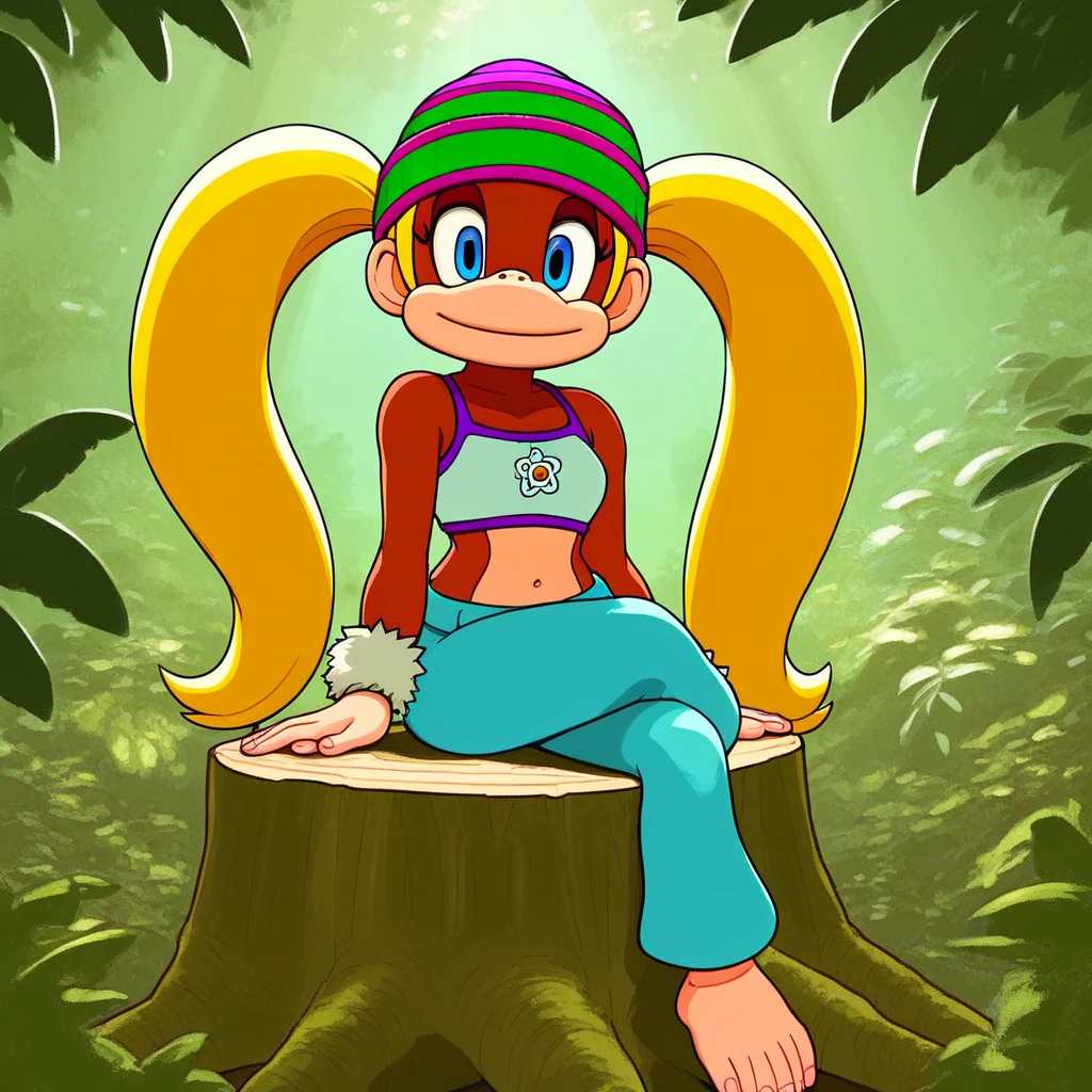 score_9, solo, t_kong, beanie, blonde hair, twintails, blue eyes, crop top, wristband, midriff, sitting, crossed legs, stump, jungle, natural lighting