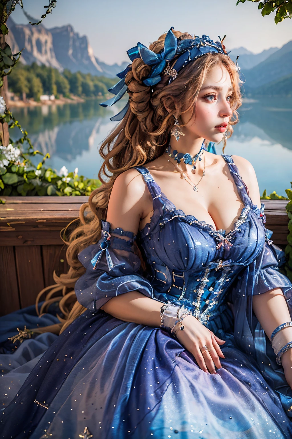 (masterpiece, best quality:1.2),illustration,8k,hd,1 girl,very long hair,solo,(collarbone:1.2),looking at viewer,
bjyx,blue dress,jewelry,choker,necklace,earrings,detached sleeves,hairband,hair ornament,((cleavage)),big breasts,outdoors,(day, lake:1.5),extremely detailed dress,crystalstexture skin,front view,