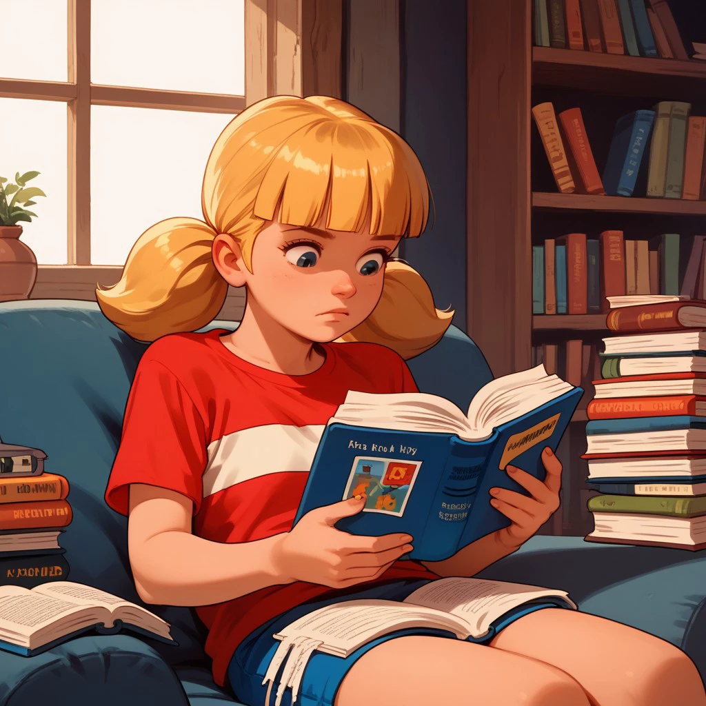 score_9, score_8, score_7, score_6, 1girl, pe_nny, twin tails, red shirt with a white stripe, reading a book, Blond hair