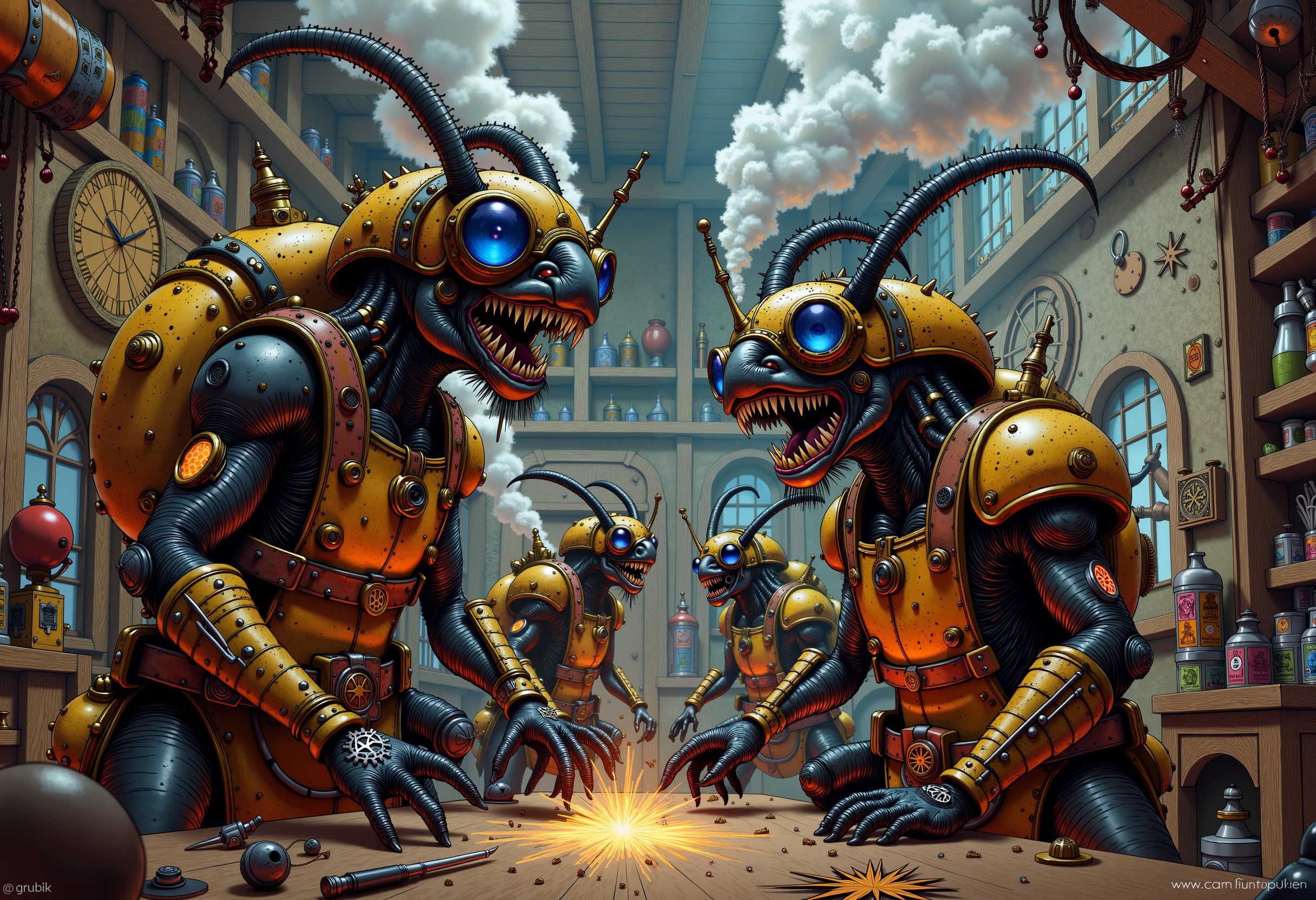 streampunk illustration,  (with with intricate details,  gears, brass elements, and billowing steam,:1.3) Create an image depicting a steampunk-style factory where mechanical beetles are being assembled. The factory is filled with brass gears and steam pipes, with artisan insects wearing tiny goggles and aprons, meticulously working on the assembly of metallic beetle counterparts
Modifications. Fantasy. Dnd. Scifi. Artistic. Comic. Cyberpunk. Mechanical. Masculine. Big. Full Body. Action shot. Pub Goer. Steampunk. Blue Collar. Greasy. Gambler. Heister