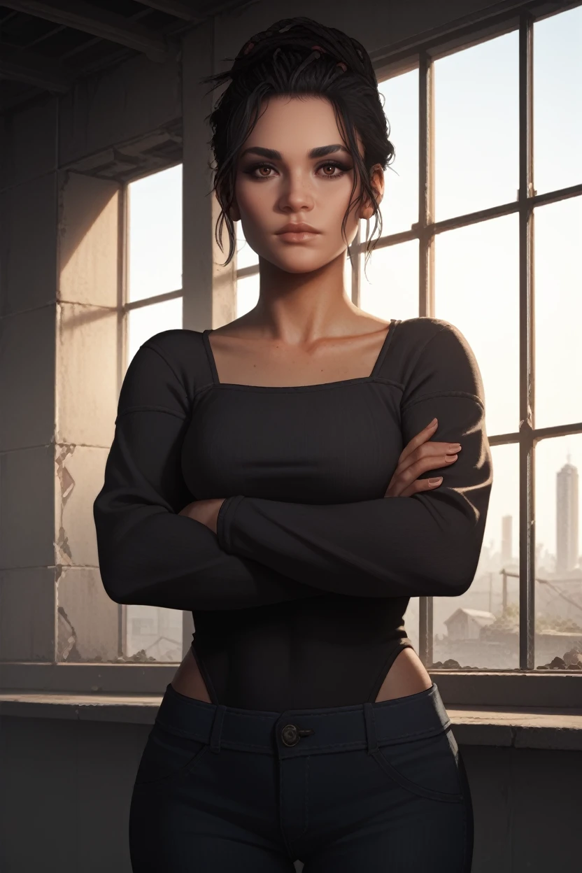 score_9, score_8_up, score_7_up, score_6_up
<lora:CyberPanam:0.9>
CyberPanam, 1girl, black hair, brown eyes, looking at viewer, intense gaze, standing, arms crossed, wide stance, abandoned building, broken windows, shafts of light