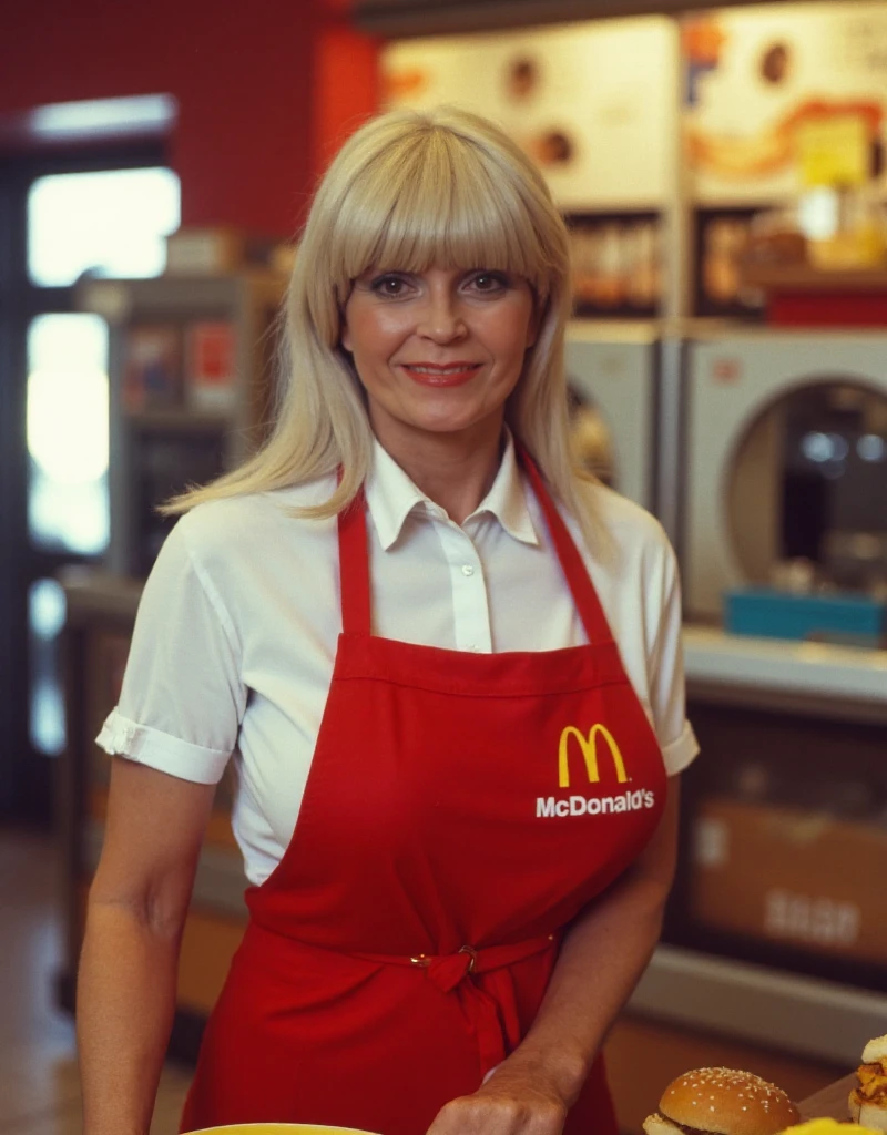 Candy_Samples,  a blond woman with bangs is working in a McDonalds. She wears a McDonalds uniform and serves burgers and fries  <lora:Candy_Samples:0.9>