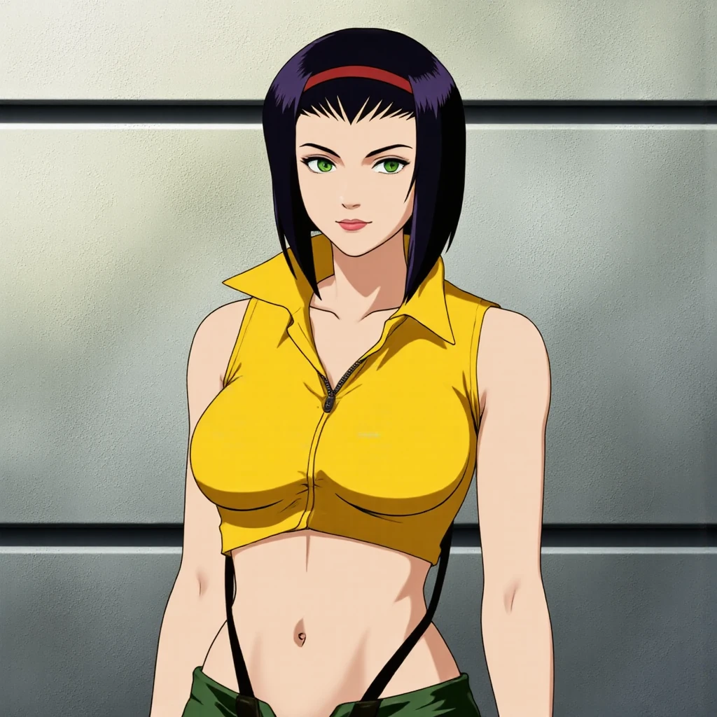 fayev, a woman with green eyes wearing a yellow shirt, standing in front of a wall. She appears to be from the anime series Ghost in the Shell, as indicated by the title of the image, professional, 4k, highly detailed,