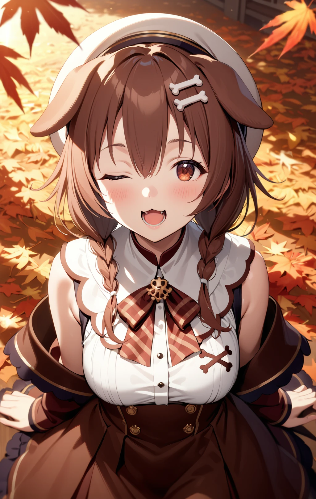 <lora:Inugami Korone SDXL:1> yukino_yukinoshita, 1girl, bone hair ornament, virtual youtuber, one eye closed, solo, autumn leaves, animal ears, brown hair, dog ears, yukino_cute_outfit , brown skit , hat, cute , masterpiece, best quality, 1girl, solo, cinematic, soft lighting, shine skin , light skin , 8k