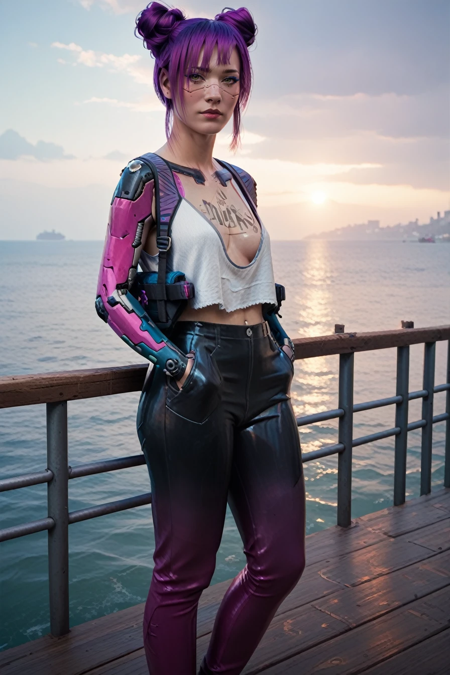 score_9, score_8_up, score_7_up, score_6_up
<lora:CyberRitaMoxBouncer:0.8>
CyberRitaMoxBouncer, 1girl, purple hair, hair buns, tattoo, cyberpunk, looking at viewer, standing on a pier, looking out at the ocean, hands in pockets, overcast sky with hints of sunlight breaking through, calm and introspective atmosphere