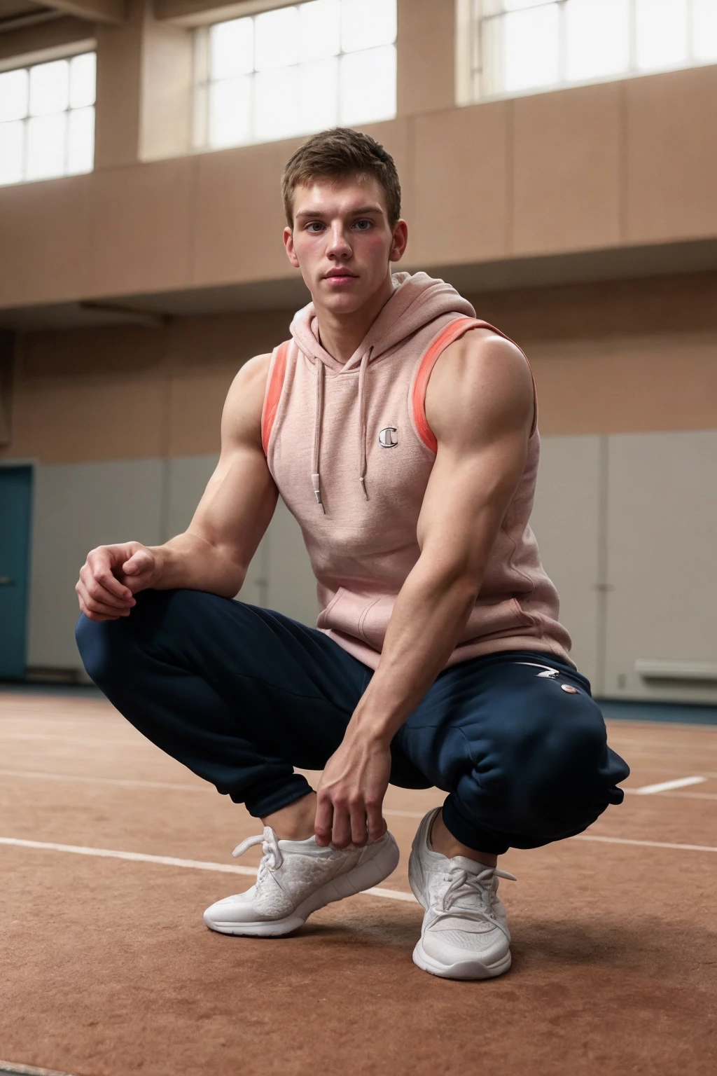 dynamic pose <lora:sc_doug_sd15_epoch_7:0.8> caucasian male dgperson wearing coral sleeveless hoodie and tight-fitting joggers and sneakers, posing in gymnasium, Champion clothing, photoshoot,  soft diffused natural lighting