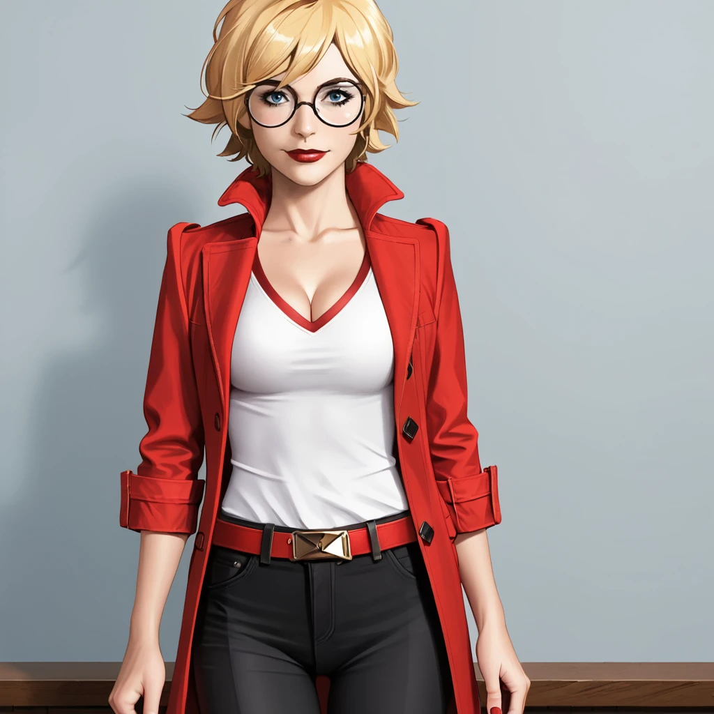 <lora:harleyquinnwhiteknight_pony_v1:.8>HarleyQuinnWhiteKnight, 1girl, solo, glasses, belt, breasts, coat, cleavage, black pants, short blonde hair, white shirt,  cowboy shot