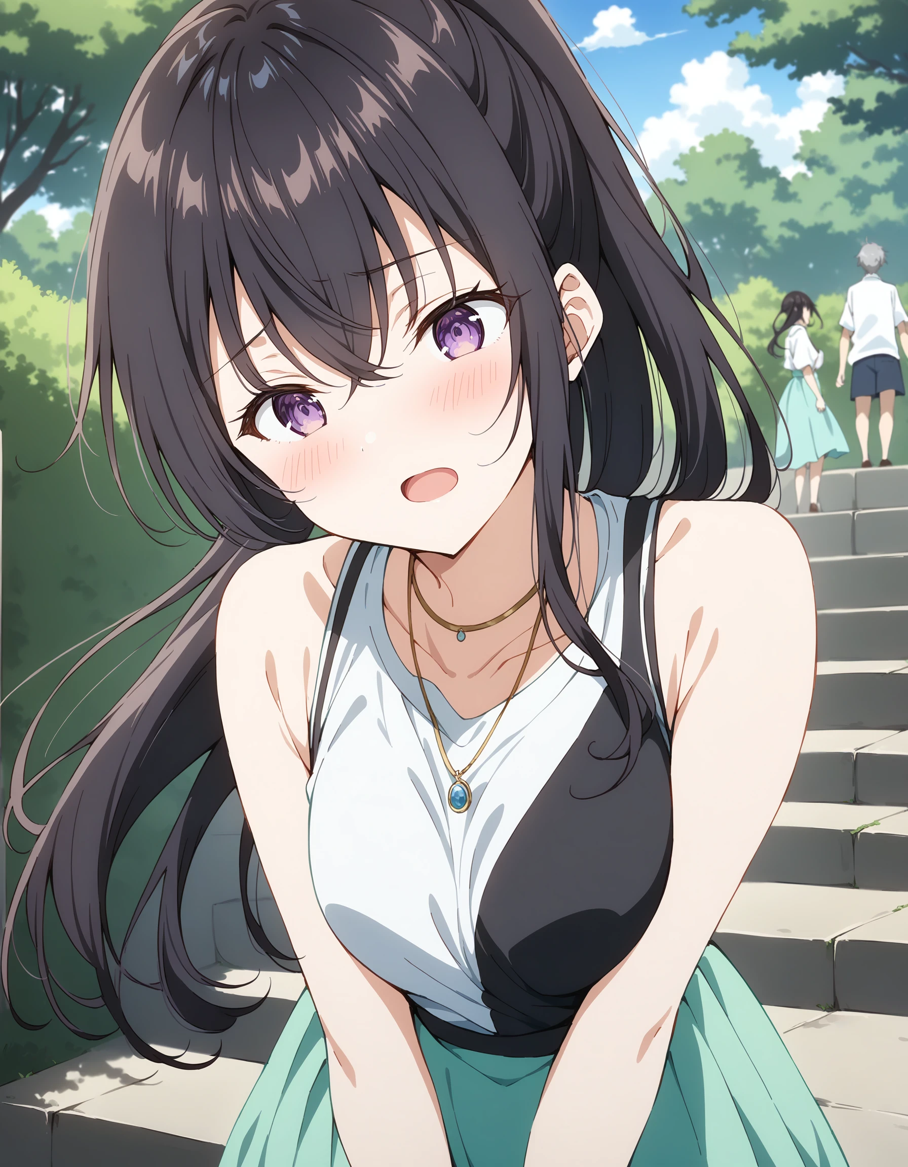 suouyuki_imoto, purple eyes, black hair, long hair, ponytail,
sleeveless shirt, green skirt, outdoors, grey hair, necklace, white shirt, solo focus, stairs, hair between eyes, bare shoulders, tree, blue skirt, open mouth, medium breasts, day, blush, crossed bangs,
best quality, masterpiece,
<lora:hinaYukiSuou_pony_sdxl_wifu_v3-rev12:0.9>