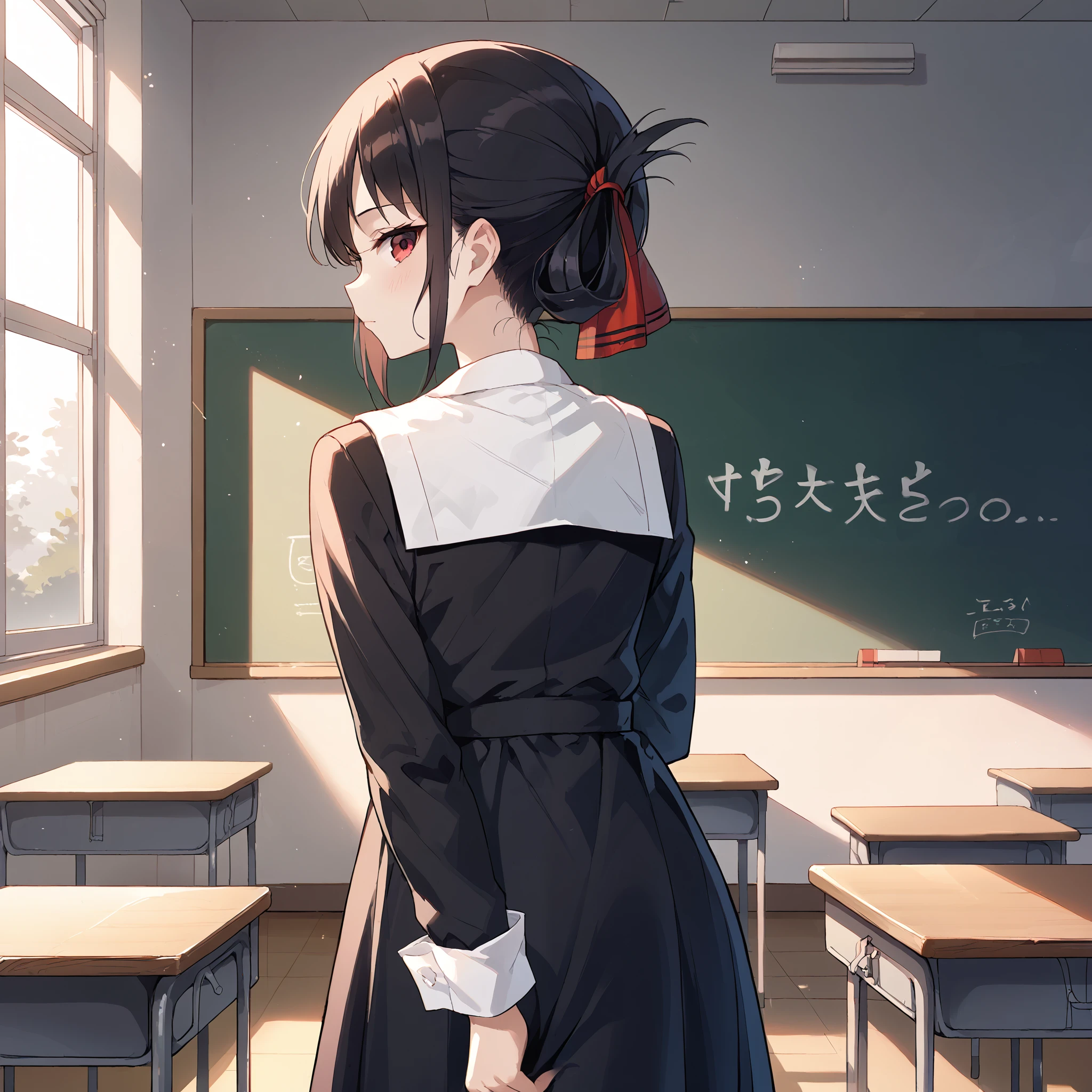 score_9, score_8_up, score_7_up, score_6_up, score_5_up, score_4_up, BREAK source_anime, look at viewer, rating_safe, 1girl, solo, classroom, look behind, from behind,  masterpiece, best quality, high detailed skin,   shinomiya kaguya, red eyes, black hair, short hair, folded ponytail, shuuchiin academy school uniform, black dress, hair ribbon, long sleeves, sleeve cuffs, neck ribbon, red ribbon, collared dress, white sailor collar,