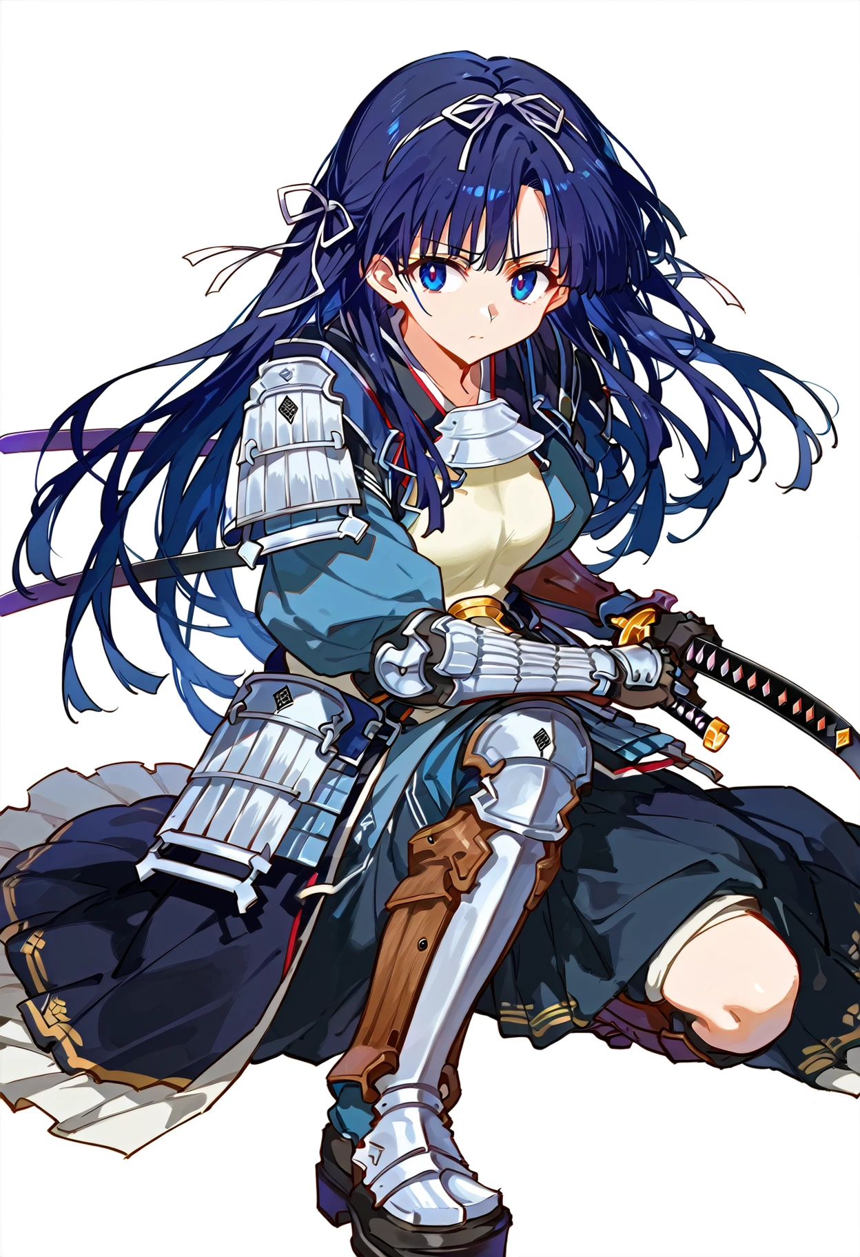 score_9, score_8_up, score_7_up, source anime, battoujutsu, uesugi kenshin, 1girl, solo, long hair, blue eyes, hair ribbon, sode, black hair, kusazuri, armored dress, japanese armor, white background, simple background, gauntlets, shoulder armor, faulds, katana, one knee, boots, <lora:uesugi_kenshin-xl-pony-v1:1>, <lora:battoujutsu_stance_24retry_pony_rework_final_svd_d8:1>,