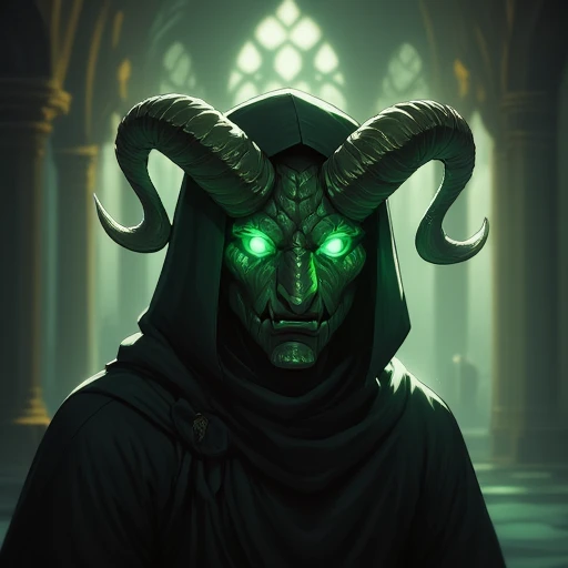 a human with horns and green glowing eyes