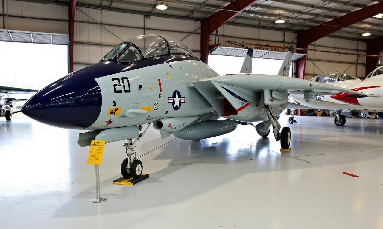 This photograph captures a well-preserved military aircraft, specifically an F-14 Tomcat, displayed inside a large, spacious hangar. The aircraft is painted in a light gray color with dark blue accents on the nose and tail. It features a distinctive U.S. Air Force roundel with a white star and blue and red stripes on its fuselage, along with the number "204" in black. The aircraft's wings are folded back, revealing the intricate internal structure and various components. 
In the foreground, a yellow trolley is positioned near the nose of the aircraft, displaying a sign with information about the aircraft. The hangar's floor is a clean, polished white, enhancing the clarity of the image. Surrounding the aircraft are other military aircraft, including a North American F-86 Sabre jet fighter, visible in the background on the right. The Sabre has a red and white color scheme with a prominent American flag painted on its side. 
The hangar has high ceilings with exposed steel beams and red and white stripes painted on the walls, possibly indicating a patriotic theme. Natural light filters in from the large open doors, illuminating the entire scene and highlighting the meticulous restoration and preservation of the aircraft.<lora:F-14 Tomcat - Flux1.D:1>