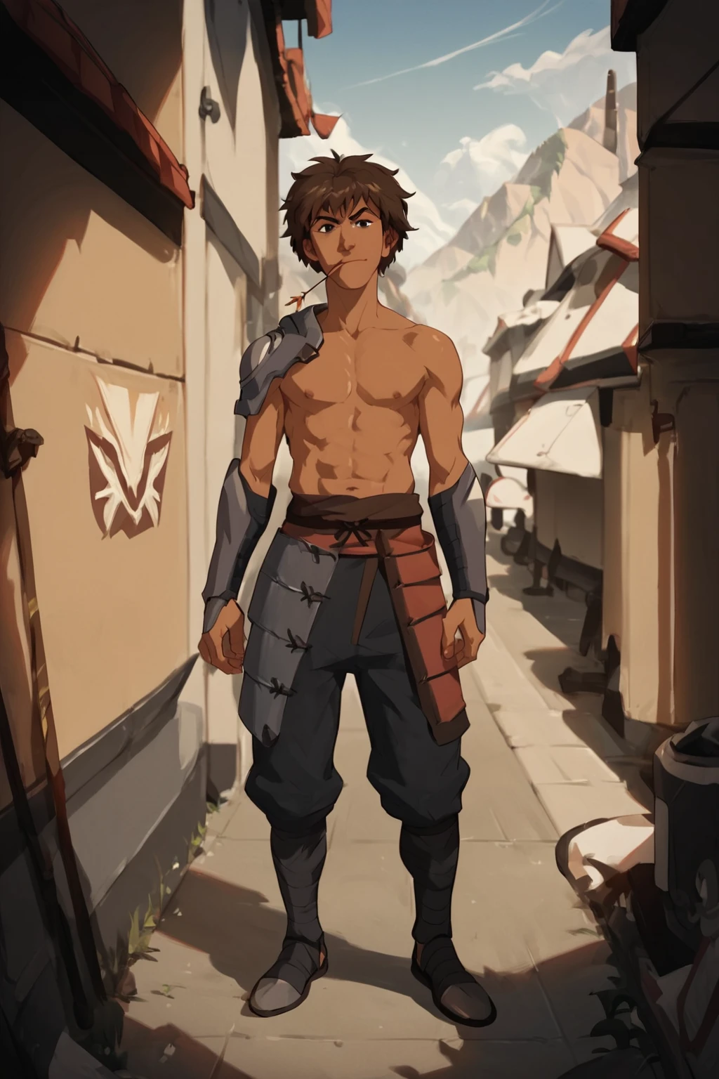 score_9, score_8_up, score_7_up, score_6_up, score_5_up, score_4_up,  <lora:Jet:0.8>, 1boy, solo, jet, brown hair, black eyes, dark skin, mouth hold, topless, armor, looking at viewer, outdoor, full body,