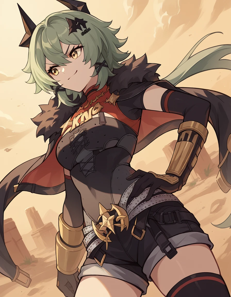 score_9, score_8_up, score_7_up, source_anime, <lora:caesar-king-ponyxl-lora-nochekaiser:1>, caesar king, green hair, short hair, hair between eyes, sidelocks , yellow eyes, confident, hair intakes, v-shaped eyebrows, happy, black gloves, black shorts, black shirt, black thighhighs, gloves, black skirt, grey belt, fur-trimmed jacket, elbow gloves, fur trim, hair ornament, open jacket, emblem, black horns, , desert outskirts, sparse vegetation, setting sun in the distance, cowboy shot, dutch angle, hand on waist, elbow down,