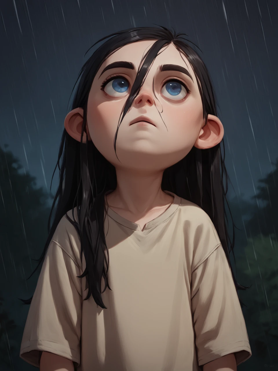 score_9, score_8_up, score_7_up,  score_6_up, BREAK, WolTruffles, 1girl, solo, black hair, long hair, hair between eyes, blue eyes, child, shirt, night, raining, wet hair, bend head back, looking up, squinting, raindrops on face <lora:Truffles:1>