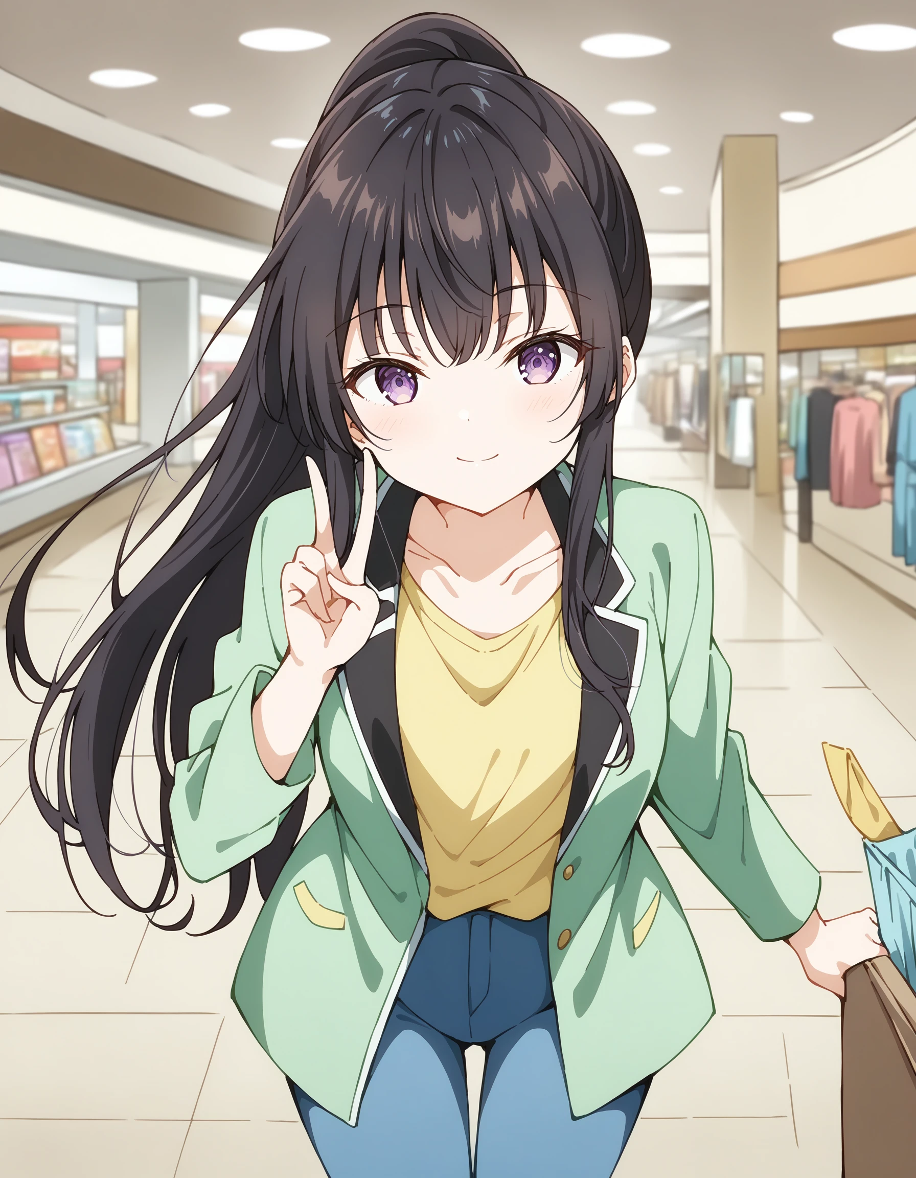 suouyuki_imoto, purple eyes, black hair, long hair, ponytail,
1girl, solo, looking at viewer, indoors, shopping mall, shops, blurry background, standing, light smile, two finger salute,
date outfit, collarbone, green jacket, open clothes, yellow shirt, blue jeans,
best quality, masterpiece,
<lora:hinaYukiSuou_pony_sdxl_wifu_v3-rev12:0.9>