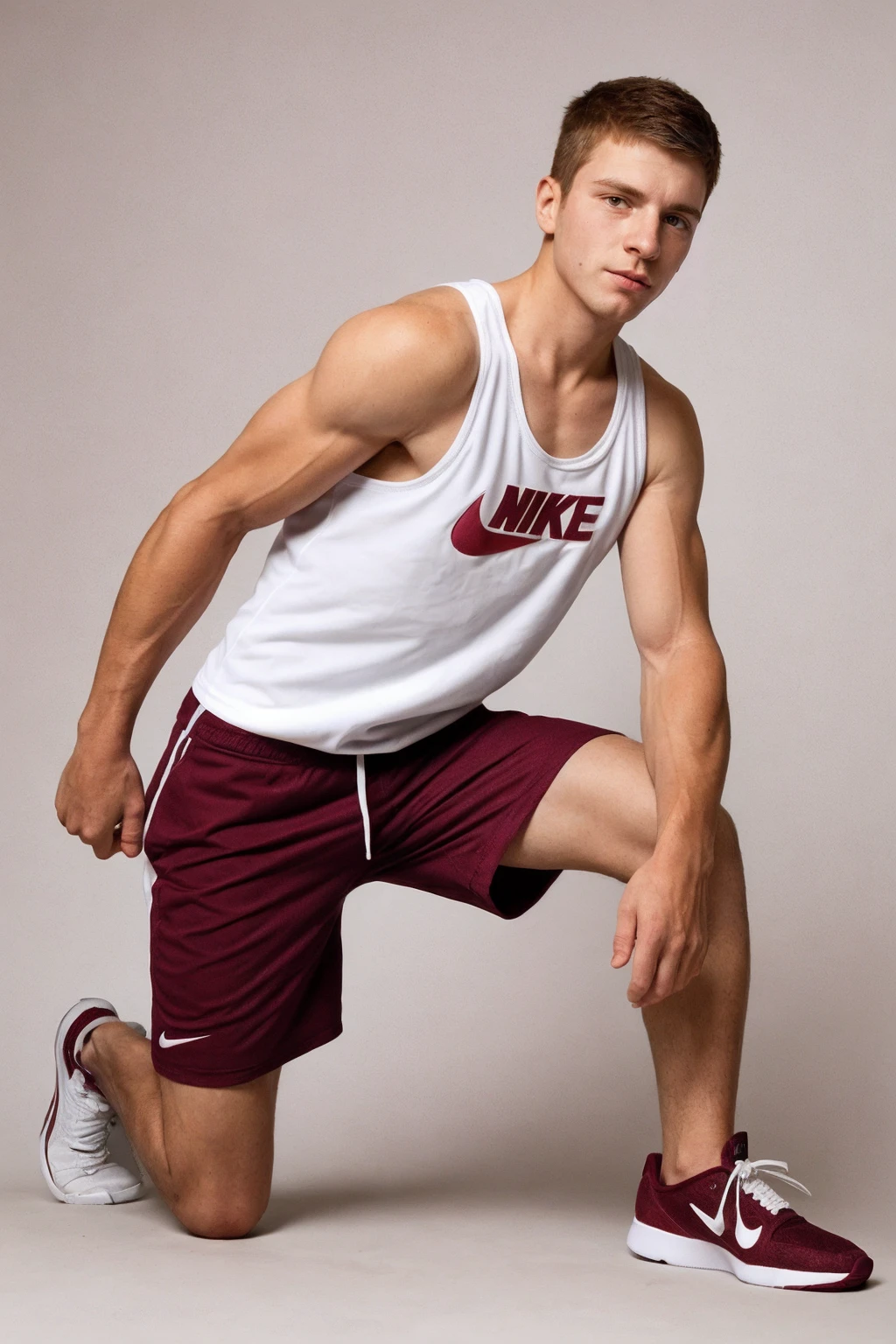 (from the side:0.75), (dynamic pose:0.5) <lora:sc_curtis_sd15_epoch_7:0.8> caucasian male crtsperson, wearing Maroon tank-top shirt and athletic shorts and sneakers, white background, Nike, posing against a simple background, photoshoot, soft directional lighting