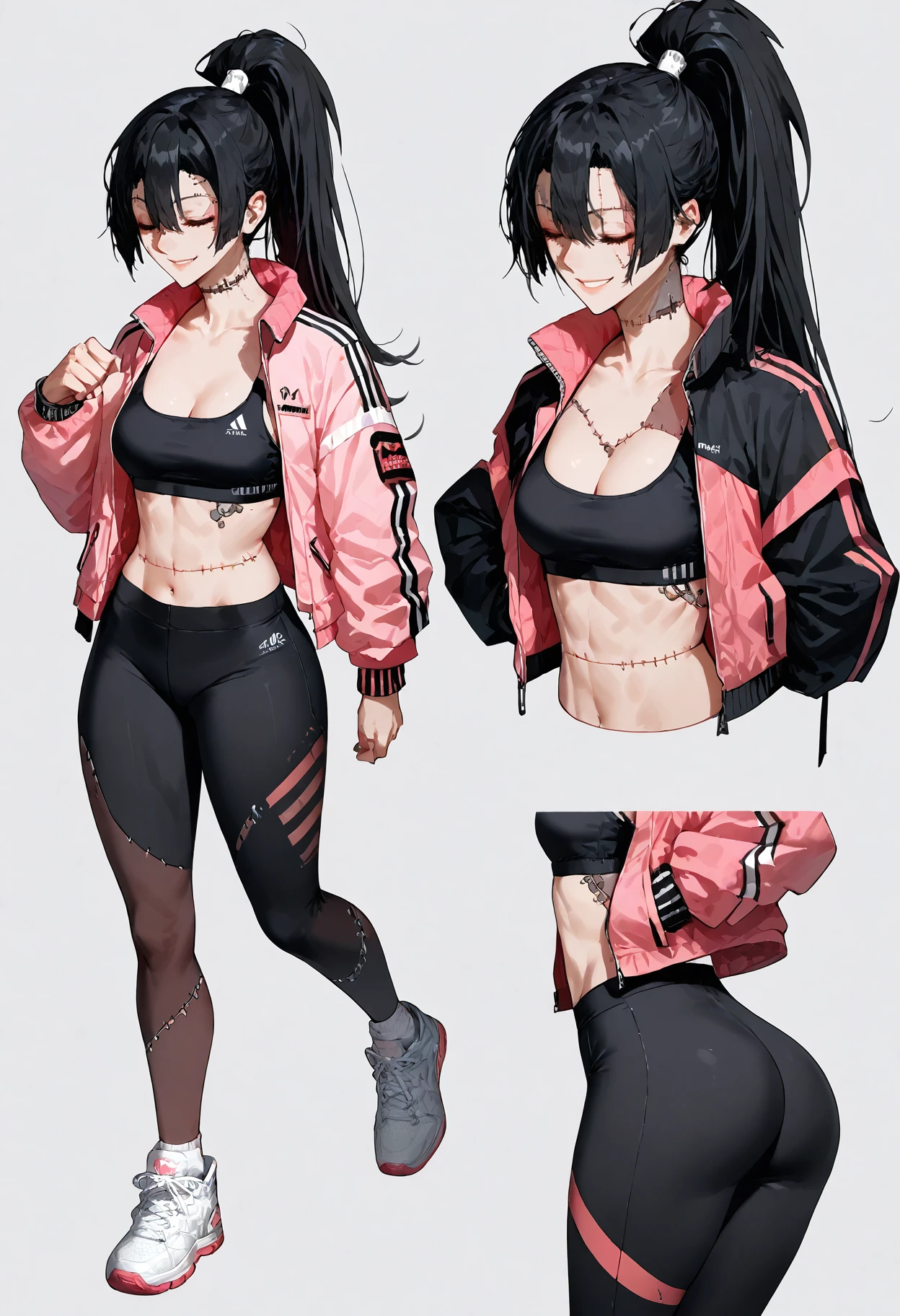 score_9, score_8_up, score_7_up, score_6_up, score_5_up, score_4_up,
 <lora:BodyStitchesV3:1> st1tch3s, stitches, patchwork skin, 
, 1girl, long hair, breasts, smile, black hair, jewelry, jacket, closed eyes, ponytail, shorts, shoes, socks, pants, midriff, bracelet, multiple views, black shorts, white footwear, sneakers, bike shorts, ball, running, sports bra, pink jacket, leggings, black sports bra, yoga pants