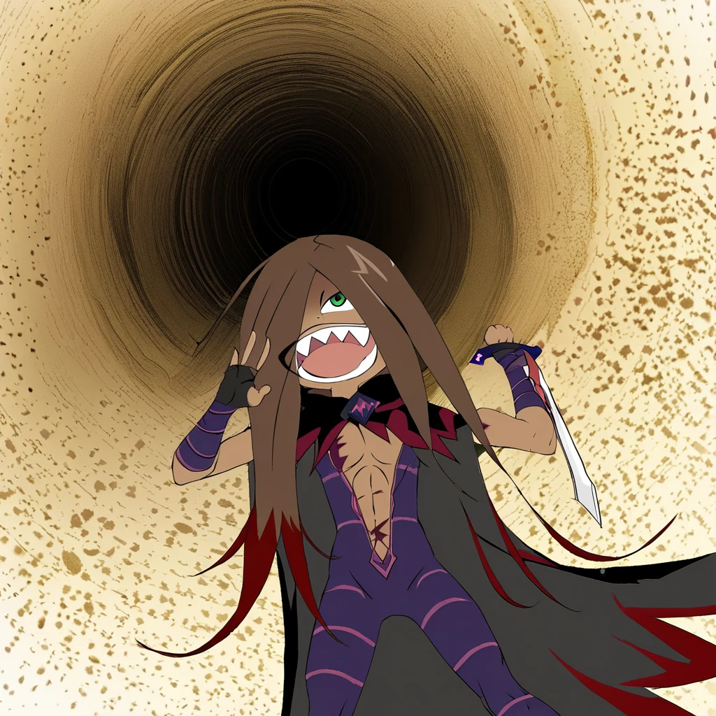 <lora:LyeBatenkaitos:1>, lye, light-brown hair, muscular, dark skin, bite marks, emerald green eyes, fang sharp teeth, sadistic smile, wears a skin-tight purple bodysuit with pink stripes, bare feet, bare chest, a black cloak with red patterns, daggers, magic from palms, lunar eclipse, solar eclipse, sand wind, sand dunes,  near a gigantic white watchtower, that has 6 downwards spikes attached, 2 support structures, with a holy light on top of the tower