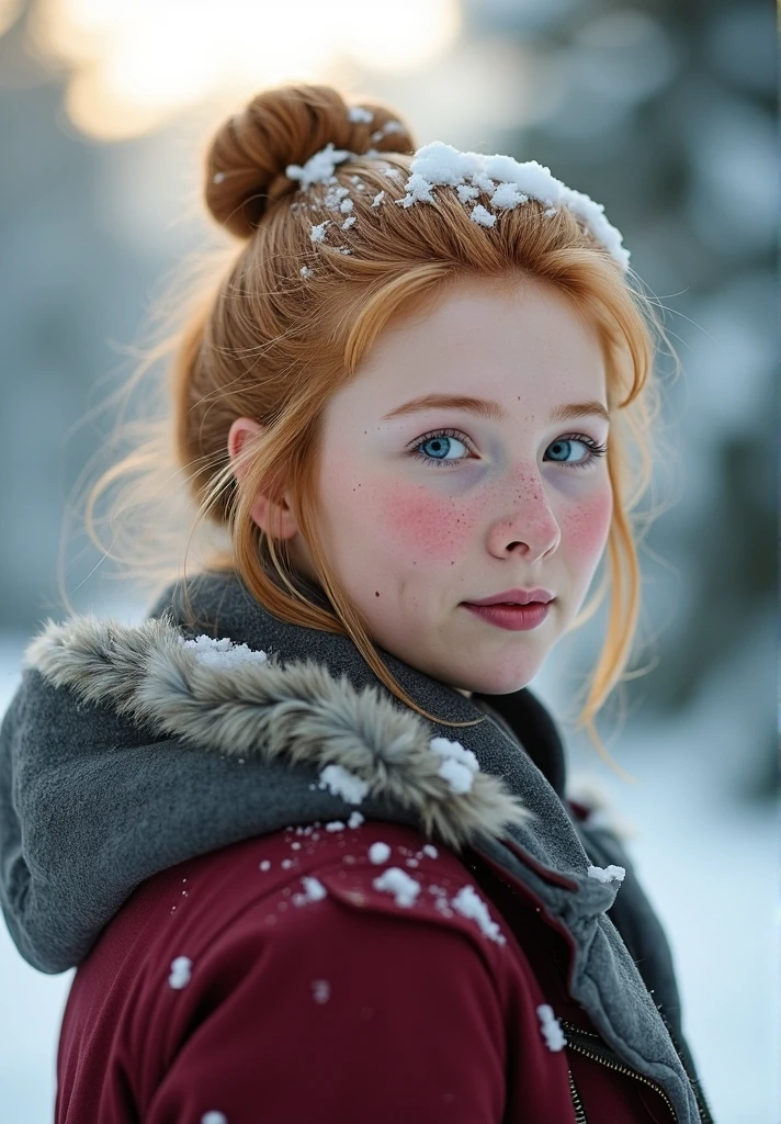 photograph, woman in her 20s, <lora:AlexisCastle-000001:1>  ,  She has light  strawberry blonde hair in a updo, She has fair skin and a light freckle pattern across her cheeks and nose,   wearing winter clothes, snow is accumulating on her  hair, shoulders and clothes, Dynamic pose, at Dawn, Fujifilm XT3, F/8, photo-realistic face