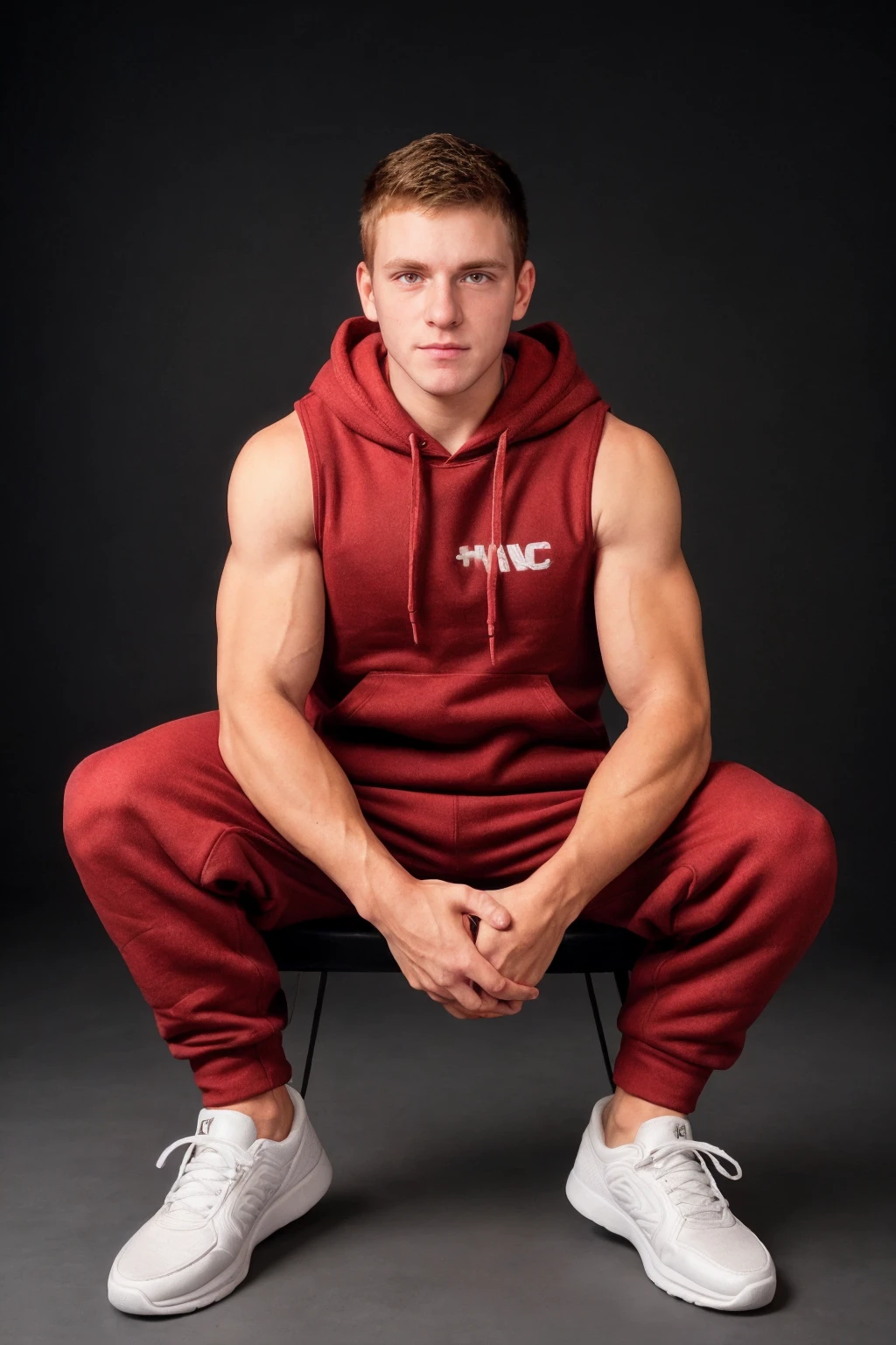 dynamic pose, <lora:sc_curtis_sd15_epoch_7:0.8> caucasian male crtsperson, wearing (Maroon:0.3) sleeveless hoodie and track pants and sneakers, posing against a simple background, photoshoot, soft directional lighting