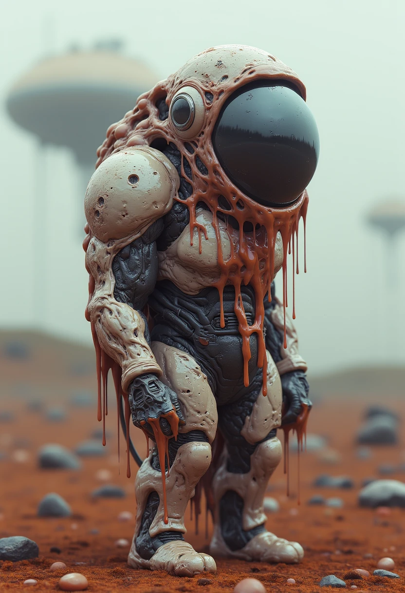 An infected astronaut stands on a barren alien wasteland. Disgusting wet textures drench the astronaut, and it's visor is cracked and spewing infected goo. The background has spaceships floating in the distance.