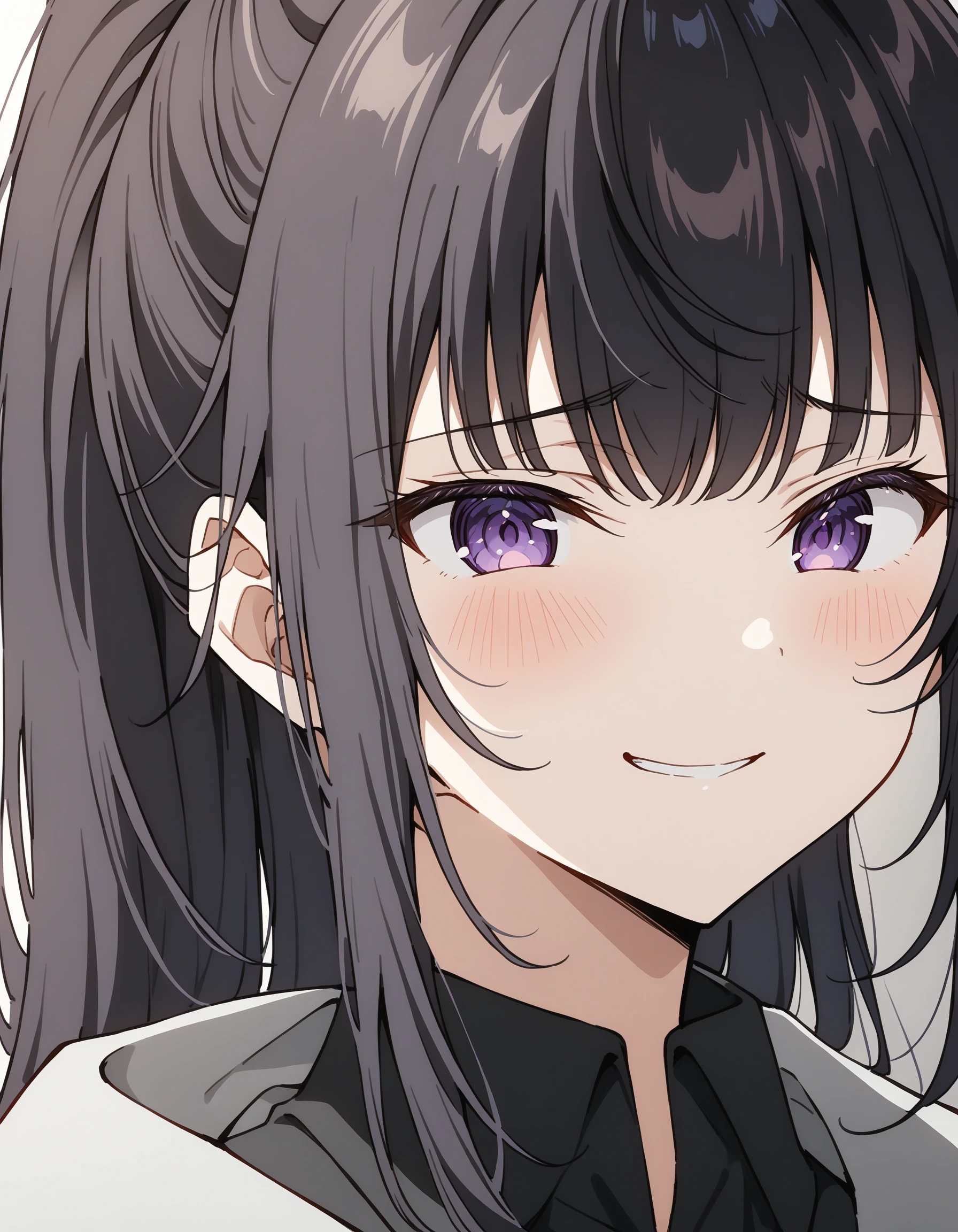 suouyuki_imoto, purple eyes, black hair, long hair, ponytail,
portrait, close up, shy face, evil grin,
best quality, masterpiece,
<lora:hinaYukiSuou_pony_sdxl_wifu_v3-rev12:0.9>