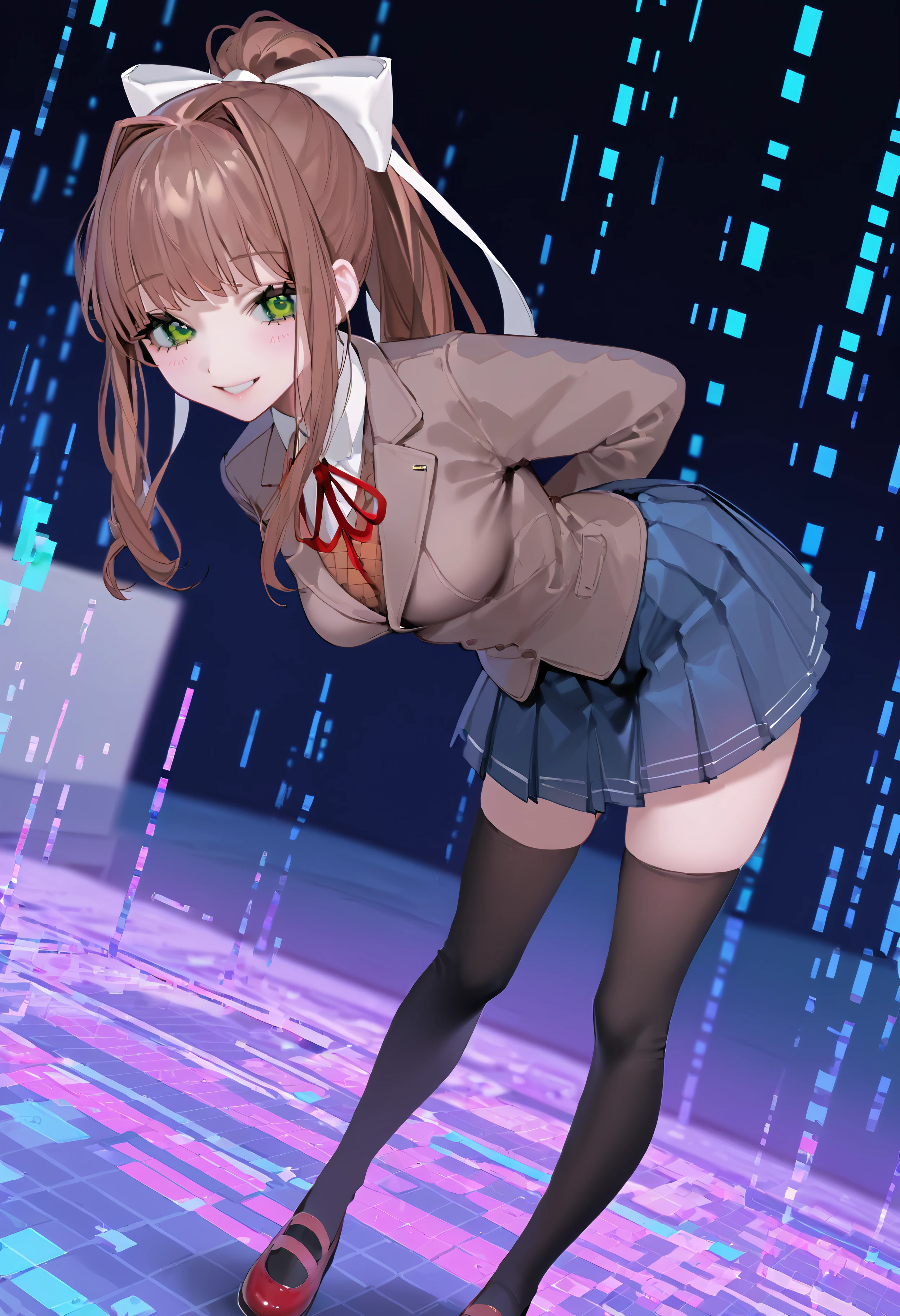 score_9, score_8_up, score_7_up, best quality, source_anime BREAK, BEBEstyle,  ddlcmonika, blunt bangs, brown hair, green eyes, long hair, ponytail, ribbon, white ribbon, hair ribbon, sidelocks, || black thighhighs, blue skirt, brown jacket, jacket, long sleeves, mary janes, over-kneehighs, pleated skirt, school uniform, shoes, skirt, thighhighs, zettai ryouiki, <lora:BeBe:1>, <lora:ddlc-monika-ponyxl-lora-nochekaiser:1>, smile, blush, dutch angle, bent over, medium breasts, arms behind back, depth of field, glitch