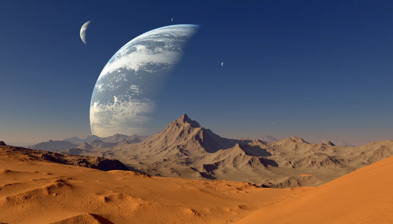 TRGN,3D,sci-fi desert landscape with various planets in the sky