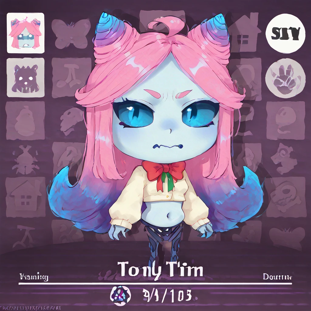 <lora:0-SCOLD v3:1> uksrtscold, black sclera, pink hair with purple tips, cone hair bun, blue eyes, skeletal lower body, 1girl, long hair, navel, colored skin, colored sclera
 <lora:Animal_Crossing_Cards:1> card, chibi