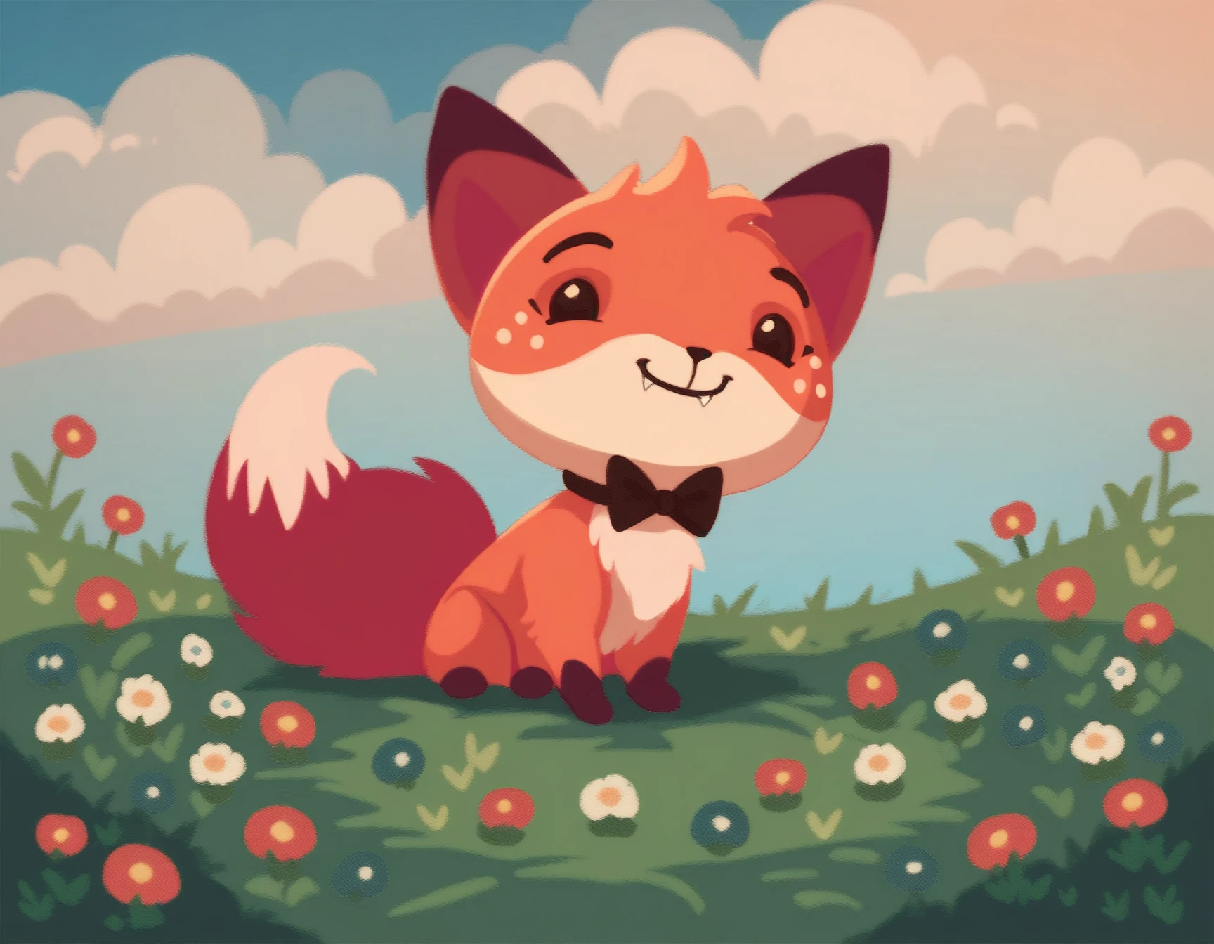 score_9, score_8_up, score_7_up, score_6_up, score_5_up, score_4_up
Foxy_vkstickers, solo, red fox, black eyes, two tone fur, fox tail, fang, black bow on the neck, outdoors, grass, sitting, feral, blue sky
 <lora:Foxy_vkstickers_XL:0.8>