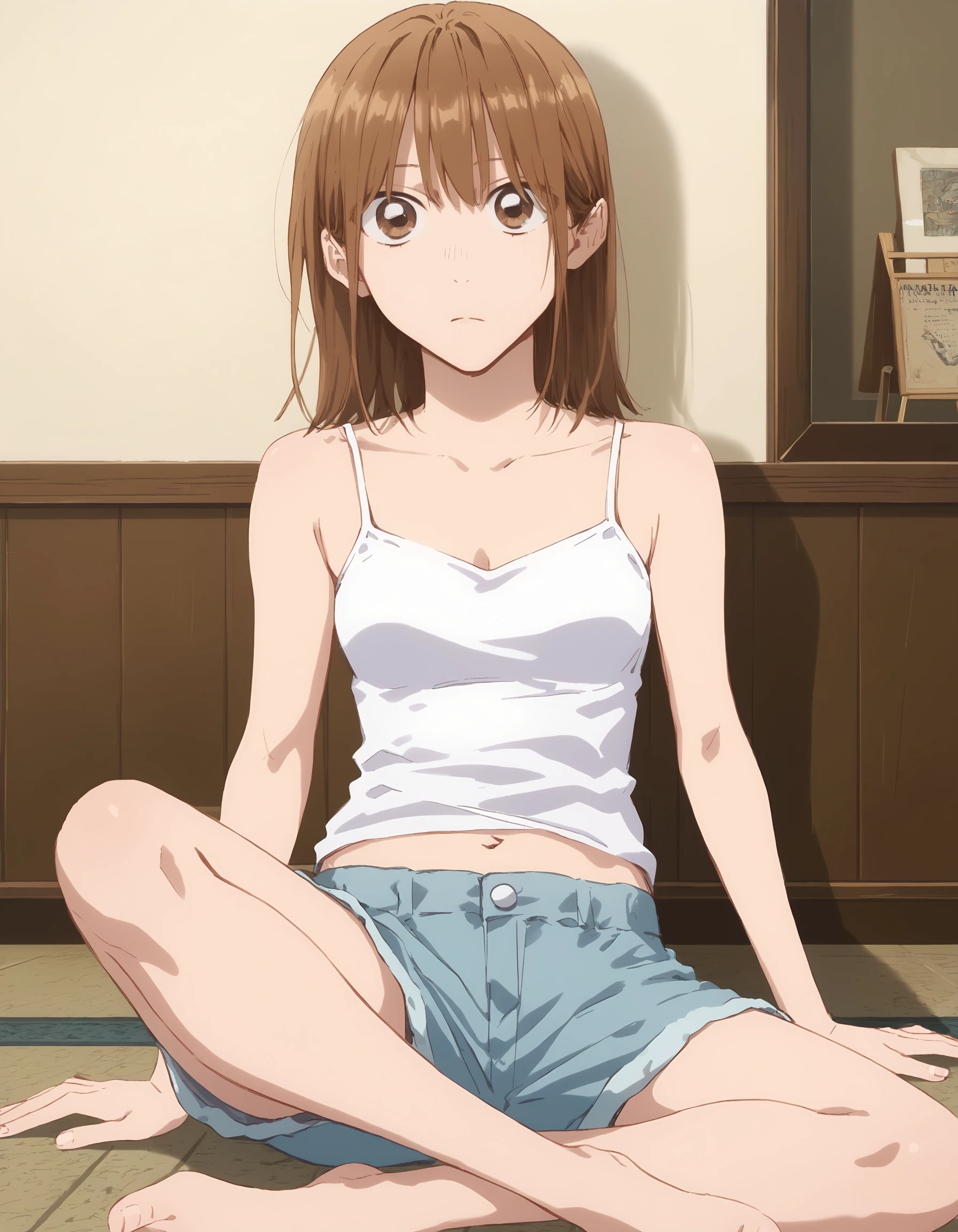 score_9, score_8_up, score_7_up
BREAK 1girl, solo, <lora:ChinatsuXL-v5:1>, chinatsu, brown hair, brown eyes, <lora:Camisole1XL-v1-03:0.8>, white camisole, midriff, navel, shorts, sitting