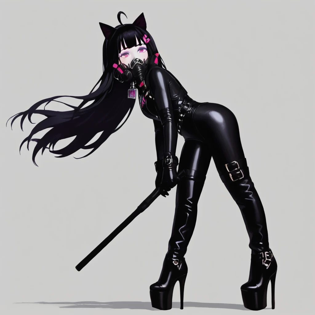 <lora:Licorice v2:0.6> licoricegt, black hair, solo, 1girl, ahoge, cat ears, long hair, purple eyelashes, mole, butterfly hairclip, white skin, colored skin
 <lora:0406 Resident Evil Gelcoat_v2_pony:1> ruanyi0406,black bodysuit,respirator,gloves,platform footwear,platform heels,