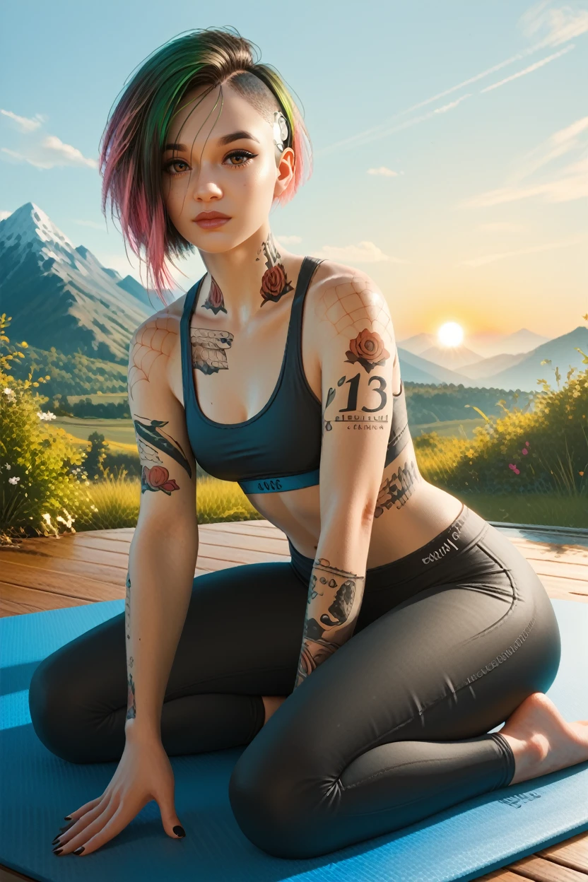 score_9, score_8_up, score_7_up, score_6_up
<lora:CyberJudy:0.8>
CyberJudy, 1girl, brown eyes, asymmetrical hair, multicolored hair, green hair, pink hair, brown hair, tattoo, looking at viewer, sitting cross-legged on a yoga mat, meditating, sunrise over a mountain lake in the background, mist rising from the water, serene and focused atmosphere