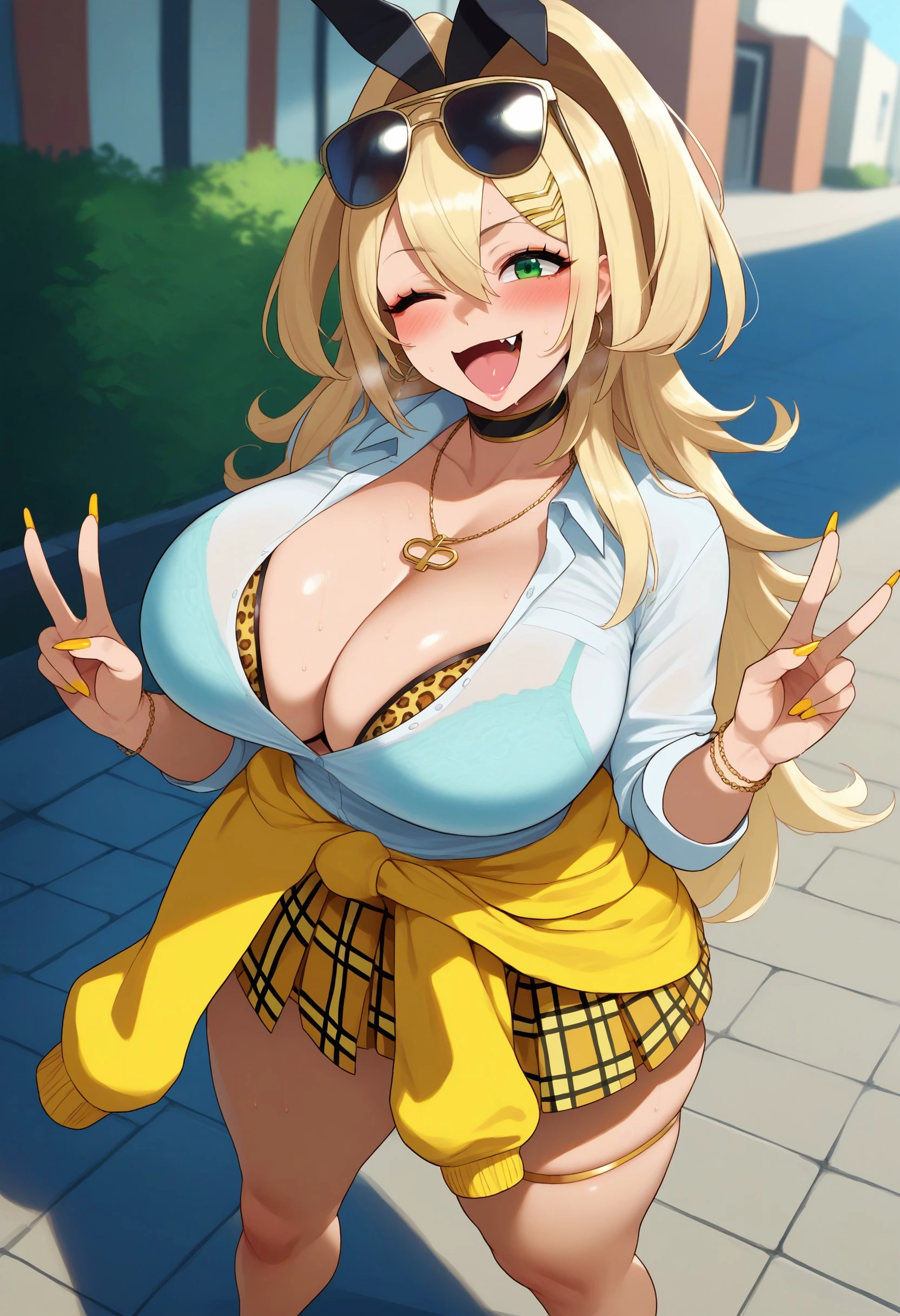 score_9, score_8, score_7, score_6_up, source_anime, outdoors, street, pavement, 
BREAK rupeedef, hair ornament, gyaru, blonde hair, long hair, green eyes, hairclip, necklace, jewelry, leopard print, bra, plaid skirt, thigh strap, clothes around waist, thick thighs, white shirt, :d, big smile, skin fang, fang, blush, choker, nail polish, yellow nails, huge breasts, double v, from above, sunglasses, eyewear on head, standing, one eye closed, legs apart, sweat, 
<lora:rupeenikke-ravenfoot-v4final:0.8>