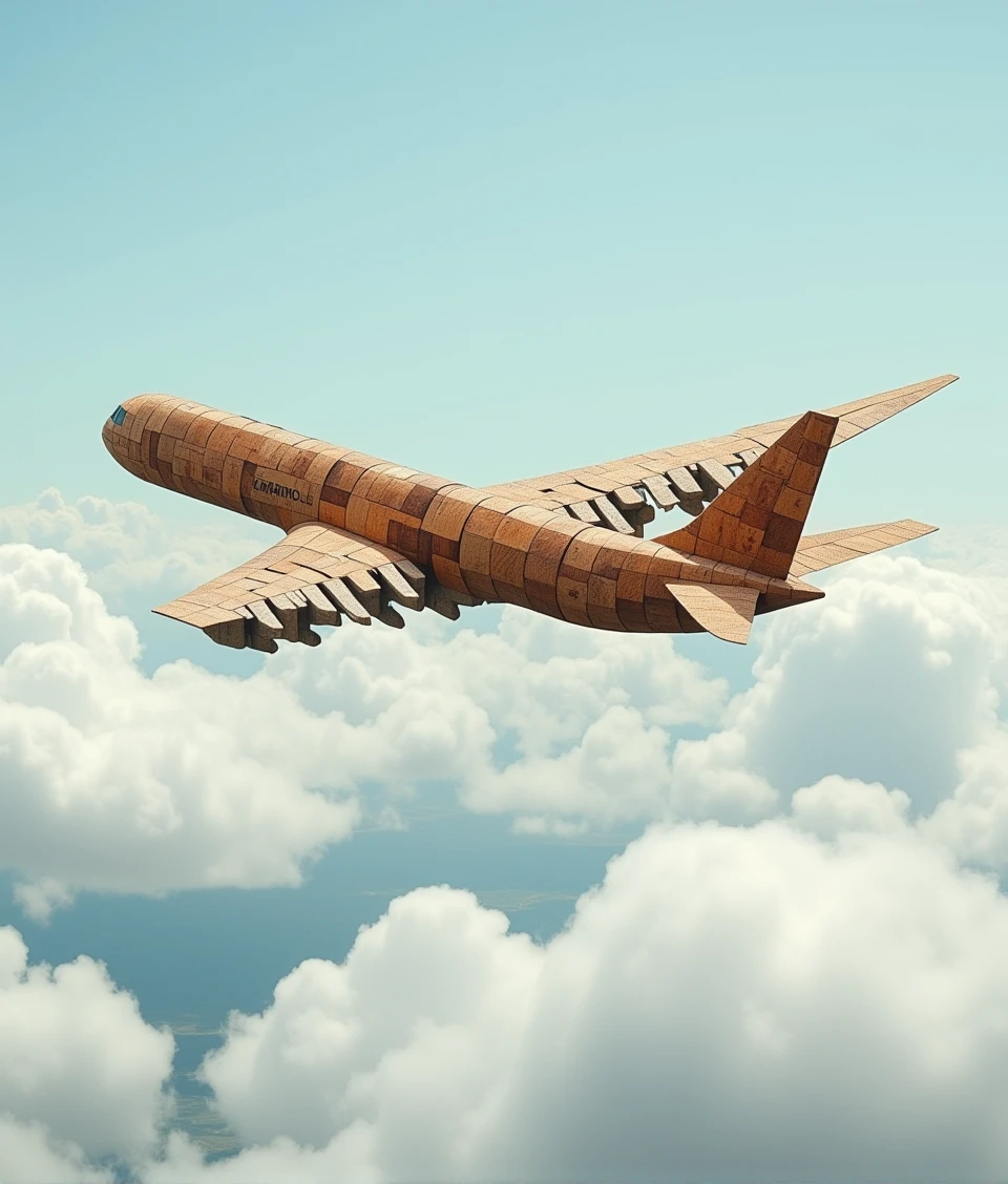 dynamic photo of an airplane covered in wooden blocks,flying in cloud