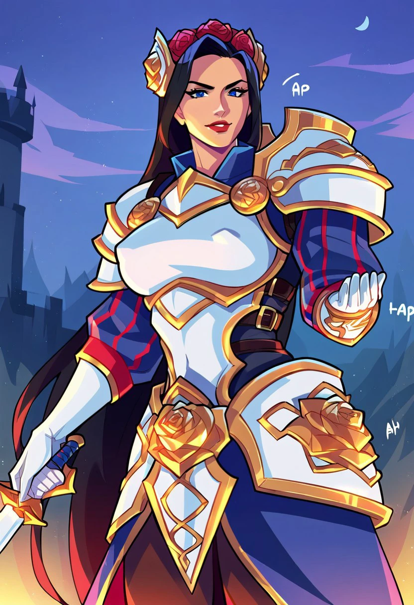 LadyofThorns,1girl,solo,very long hair,black hair,blue eyes,armor,full armor,white armor,knight armor,shoulder armor,breastplate,pauldrons,gloves,vambraces,greaves,boots,high heels,pelvic curtain,sword,lips,red lipstick,flower,rose,flower ornament,hair flower,hair ornament,holding sword,castle,heroic pose,epic pose,
score_9, score_8_up, score_7_up, beautiful aesthetic, very intricate, high quality details,vibrant, highly detailed, award-winning, professional,anime artwork, anime style, studio anime, athletic, toned female,muscular milf,curvy body, athletic girl,fit girl, perky tits,huge breast,perfect tits, round breasts, nipple outline,looking at viewer, pinup pose,teasing, dynamic lighting, cinematic, smug, better than you, aura of temptation, highly detailed, high resolution, masterpiece, detailed clother, detailed background, highly detailed, ((sound effects)) comic layout,